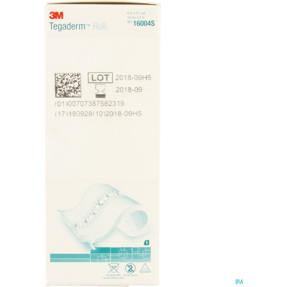 Boîte de 3M Tégaderm Roll. Emballage blanc avec illustration du produit. Inscriptions: 3M, Tégaderm Roll, numéro de lot, date de péremption, code-barres.