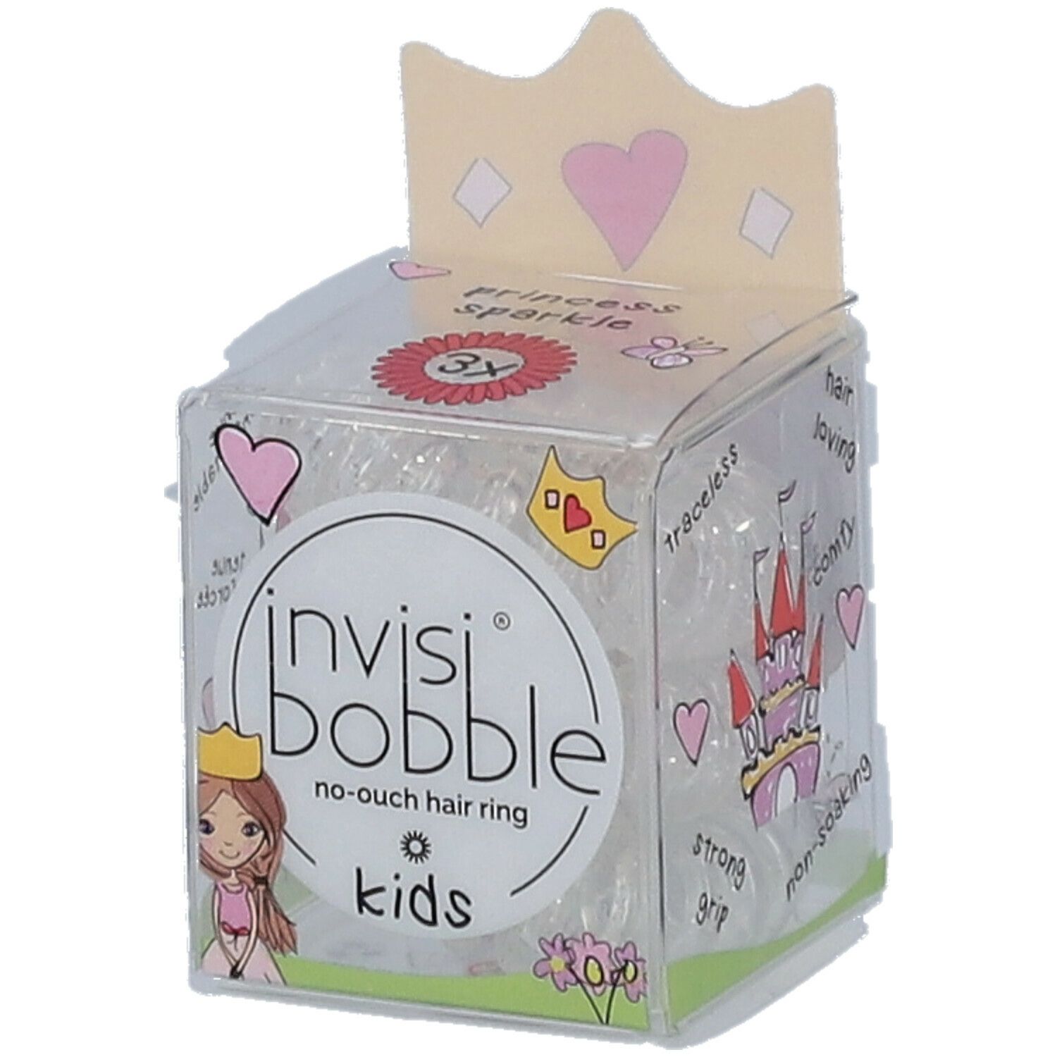 Élastiques à cheveux transparents dans un emballage. Inscription : invisibobble® Kids, Princess Sparkle. Avec motif couronne.