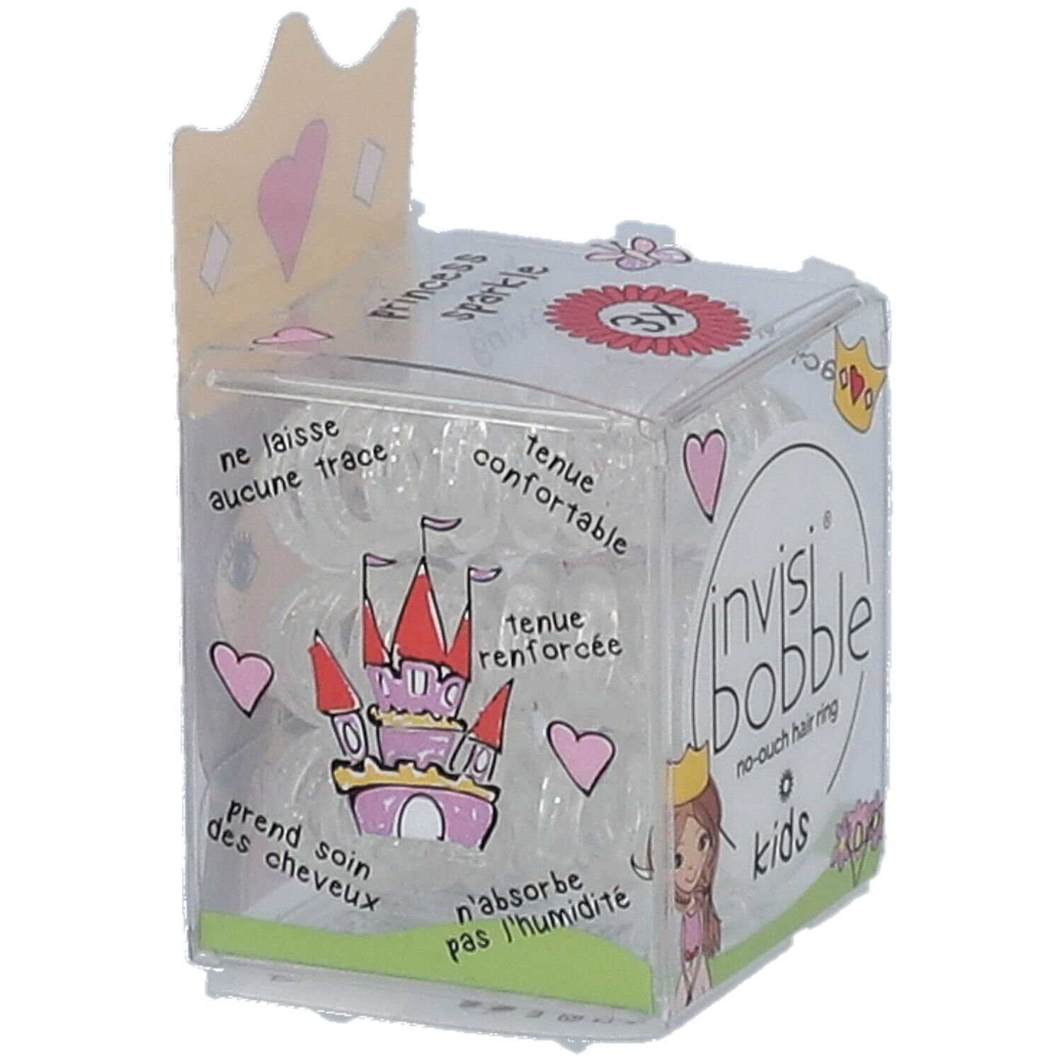 Élastiques à cheveux transparents dans un emballage. Inscription : invisibobble® Kids, Princess Sparkle. Avec motif couronne.