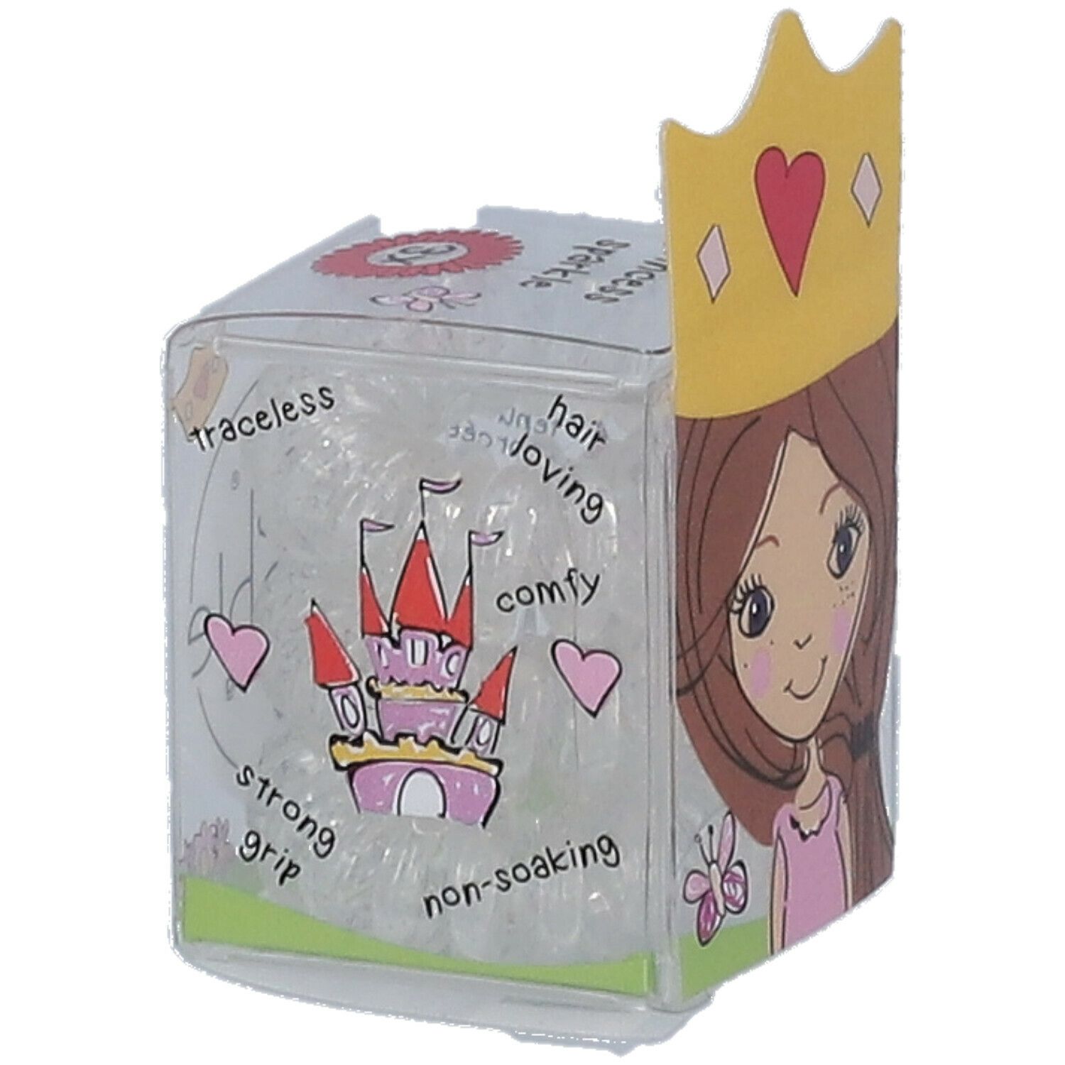 Élastiques à cheveux transparents dans un emballage. Inscription : invisibobble® Kids, Princess Sparkle. Avec motif couronne.