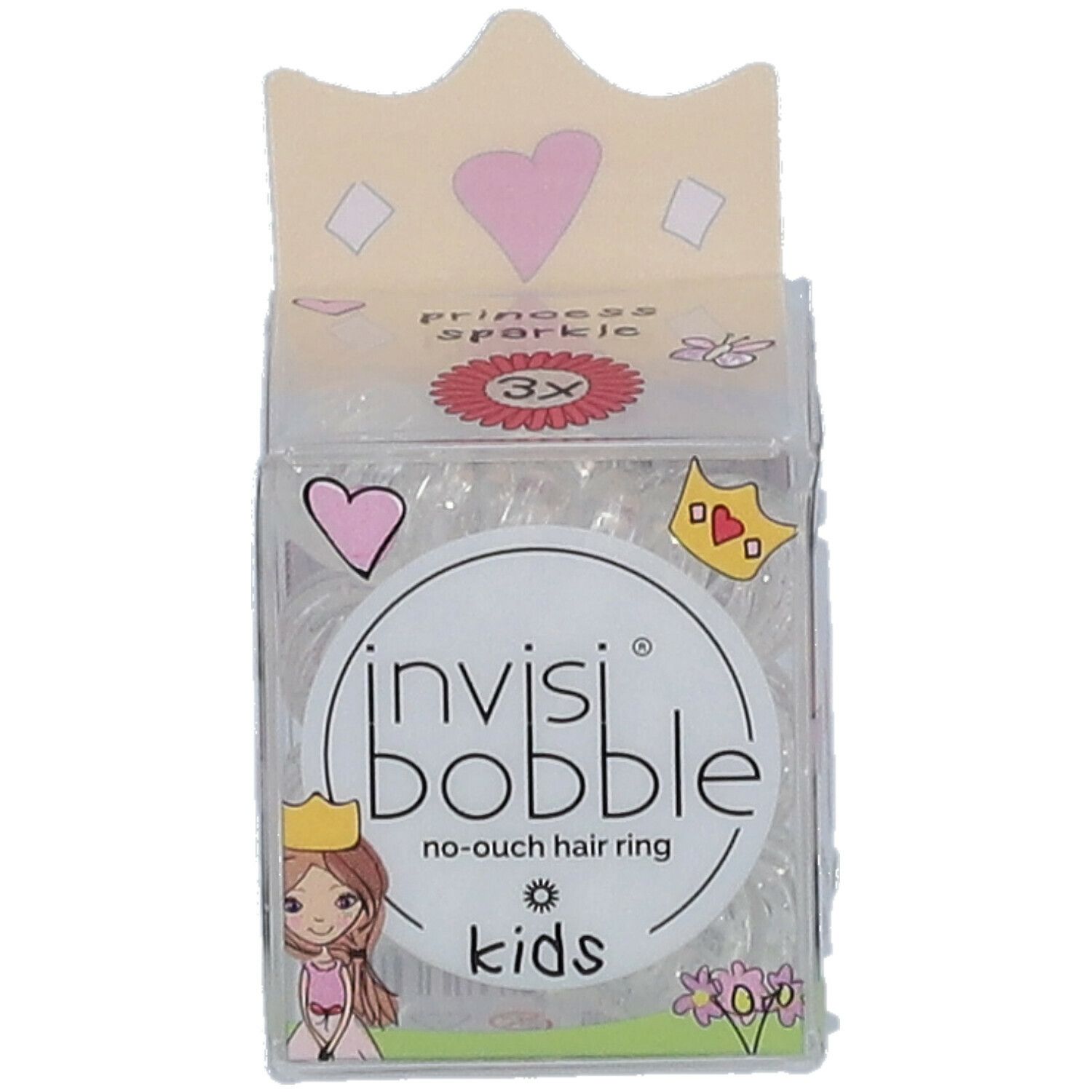Élastiques à cheveux transparents dans un emballage. Inscription : invisibobble® Kids, Princess Sparkle. Avec motif couronne.
