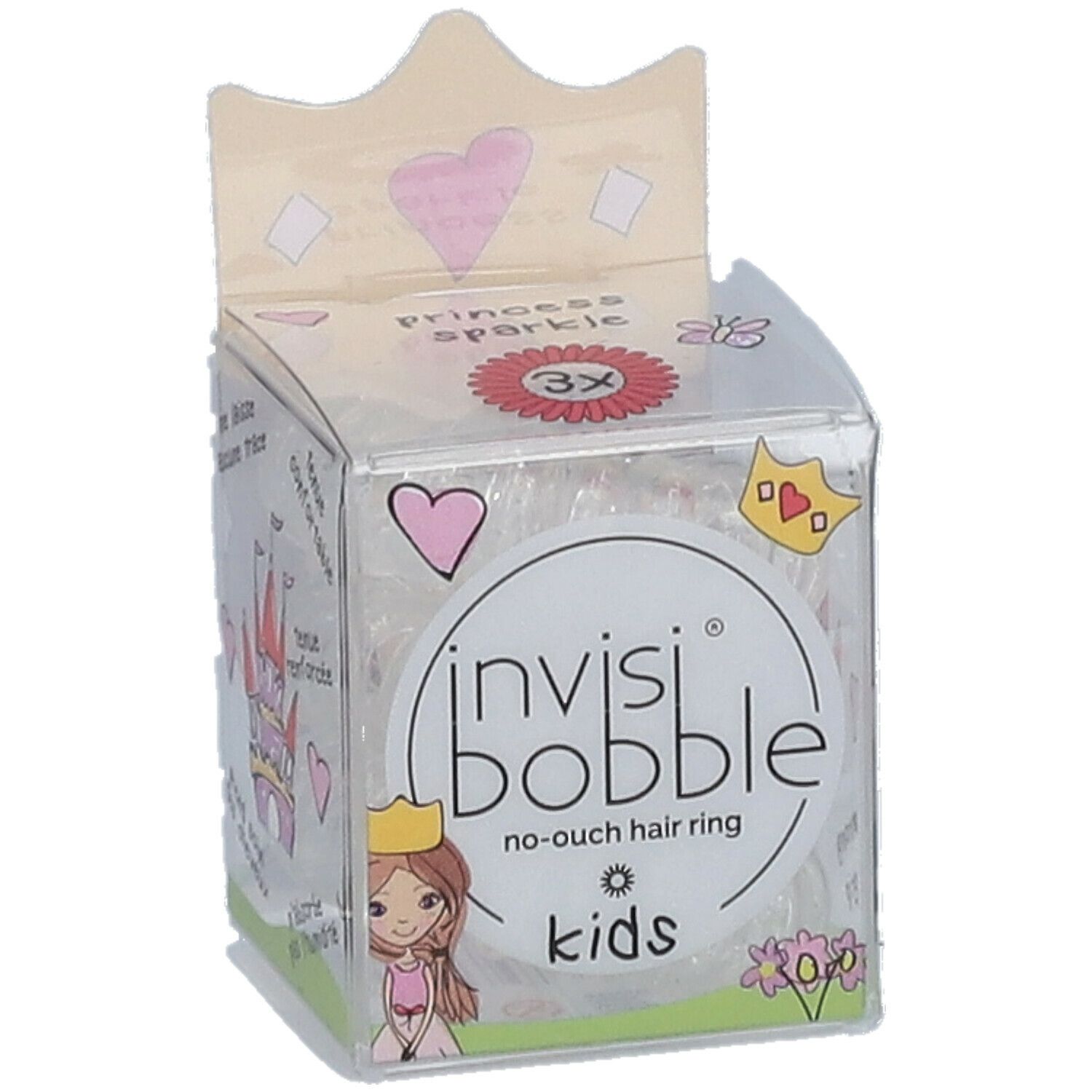 Élastiques à cheveux transparents dans un emballage. Inscription : invisibobble® Kids, Princess Sparkle. Avec motif couronne.