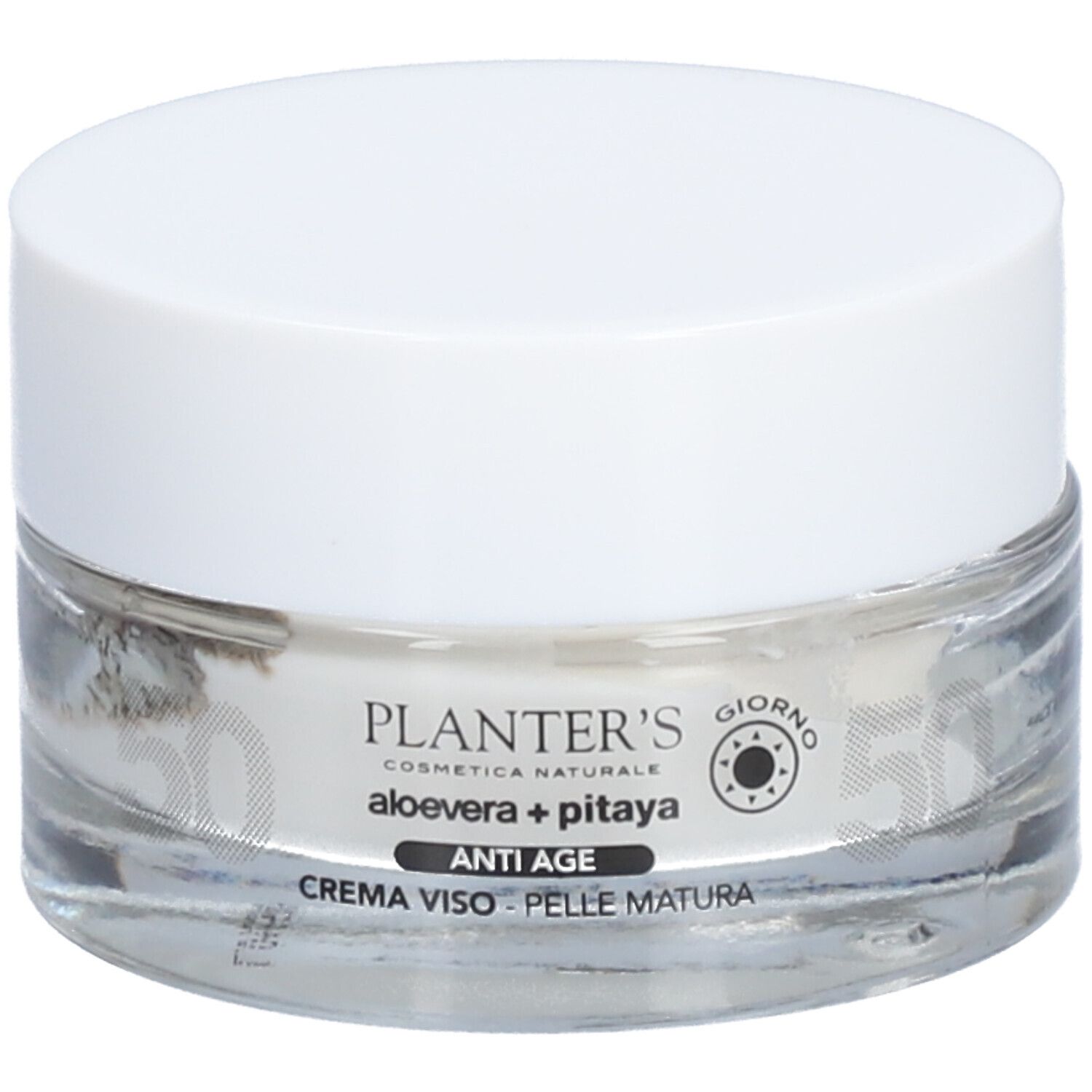 Pot de crème avec couvercle blanc. Inscription: Planter's, Aloe Vera + Pitaya, Anti-Âge. Pour peau mature.