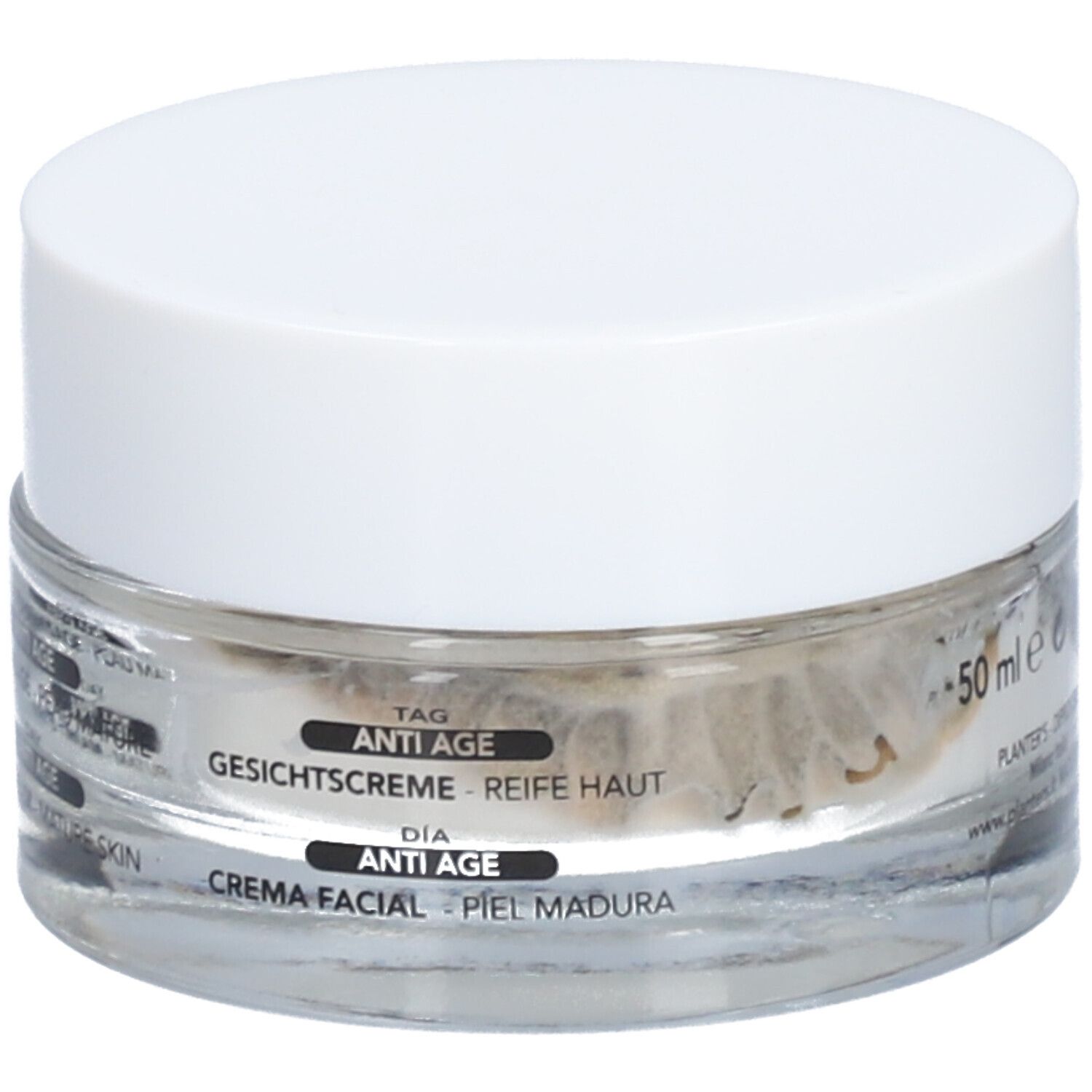 Pot de crème avec couvercle blanc. Inscription: Anti-Âge, crème visage, peau mature. 50 ml.