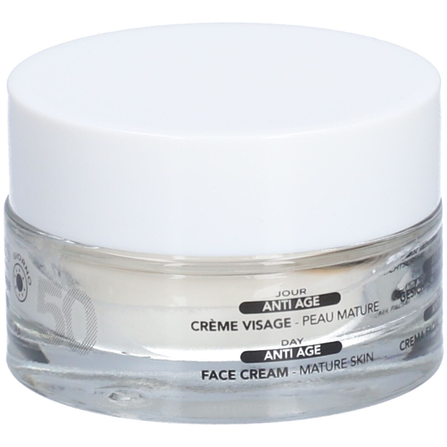 Pot de crème avec couvercle blanc. Inscription: Anti-Âge, Crème Visage, Peau Mature. 50 ml.