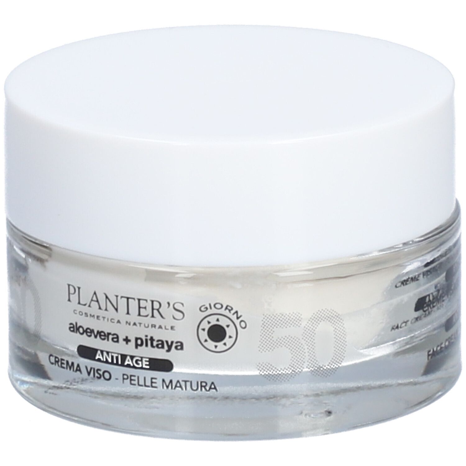 Pot de crème avec couvercle blanc. Inscription: Planter's, Aloe Vera + Pitaya, Anti-Âge. 50 ml.