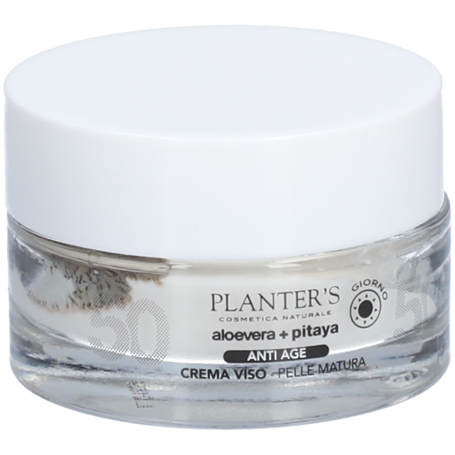 Pot de crème avec couvercle blanc. Inscription: Planter's, Aloe Vera + Pitaya, Anti-Âge. 50 ml.