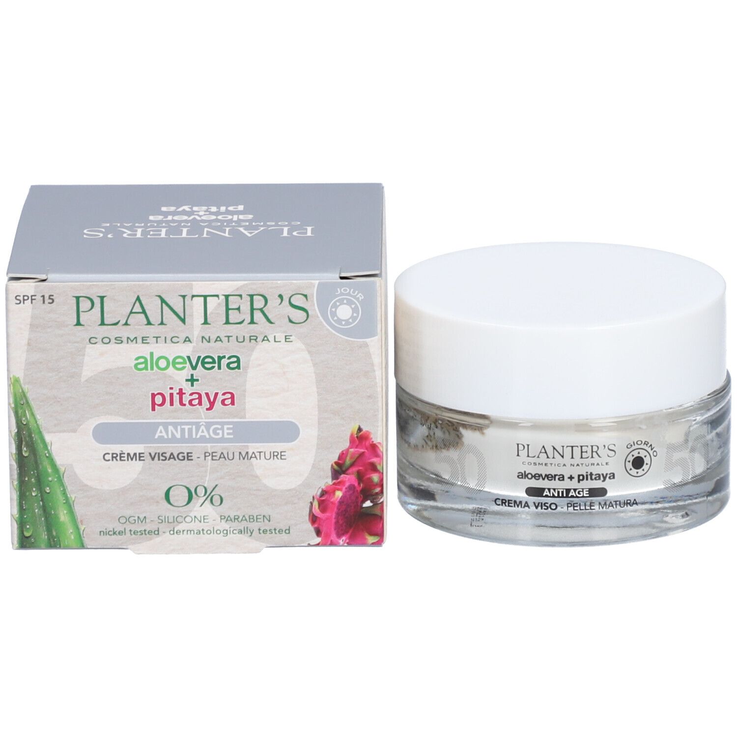 Pot de crème et boîte. Inscription: Planter's, Aloe Vera + Pitaya, Anti-Âge, SPF 15. 0% OGM, silicone, parabènes.