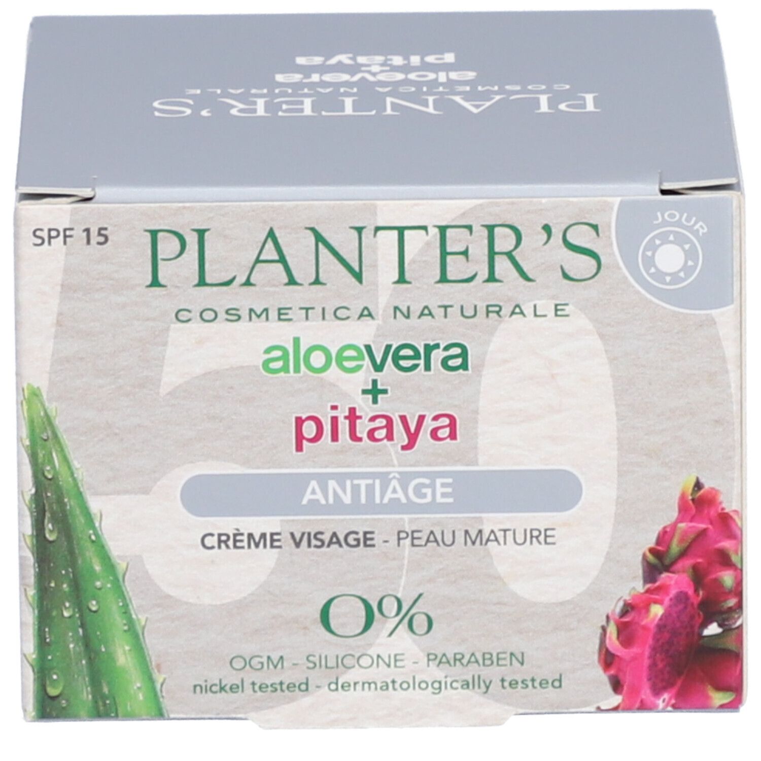Boîte avec inscription: Planter's, Aloe Vera + Pitaya, Anti-Âge, SPF 15. 0% OGM, silicone, parabènes.