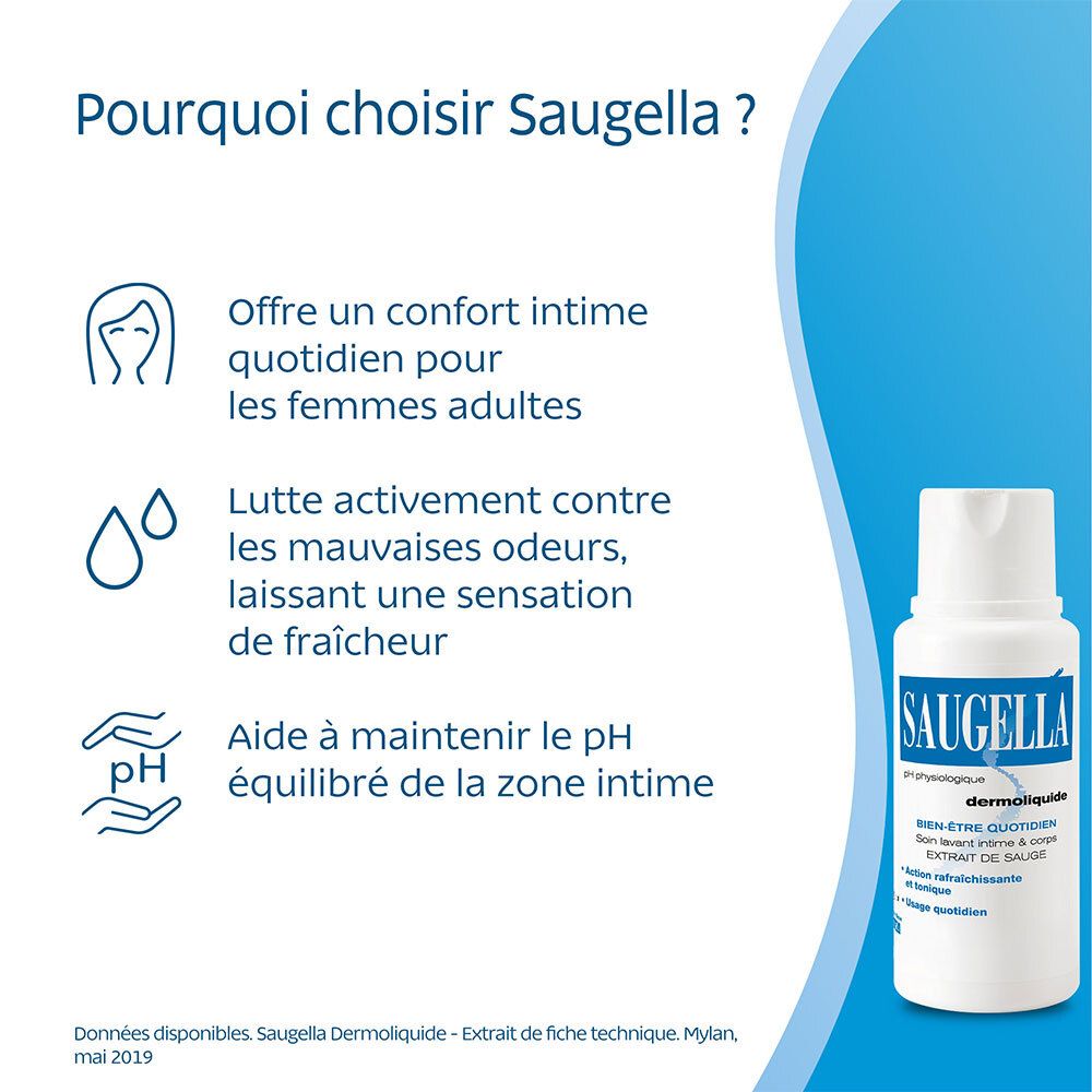 Saugella - Dermoliquide - Soin lavant pour l’hygiène intime quotidienne des femmes adultes - à base d’extrait de Sauge - Assure le bien-être intime quotidien - Flacon 250 ml