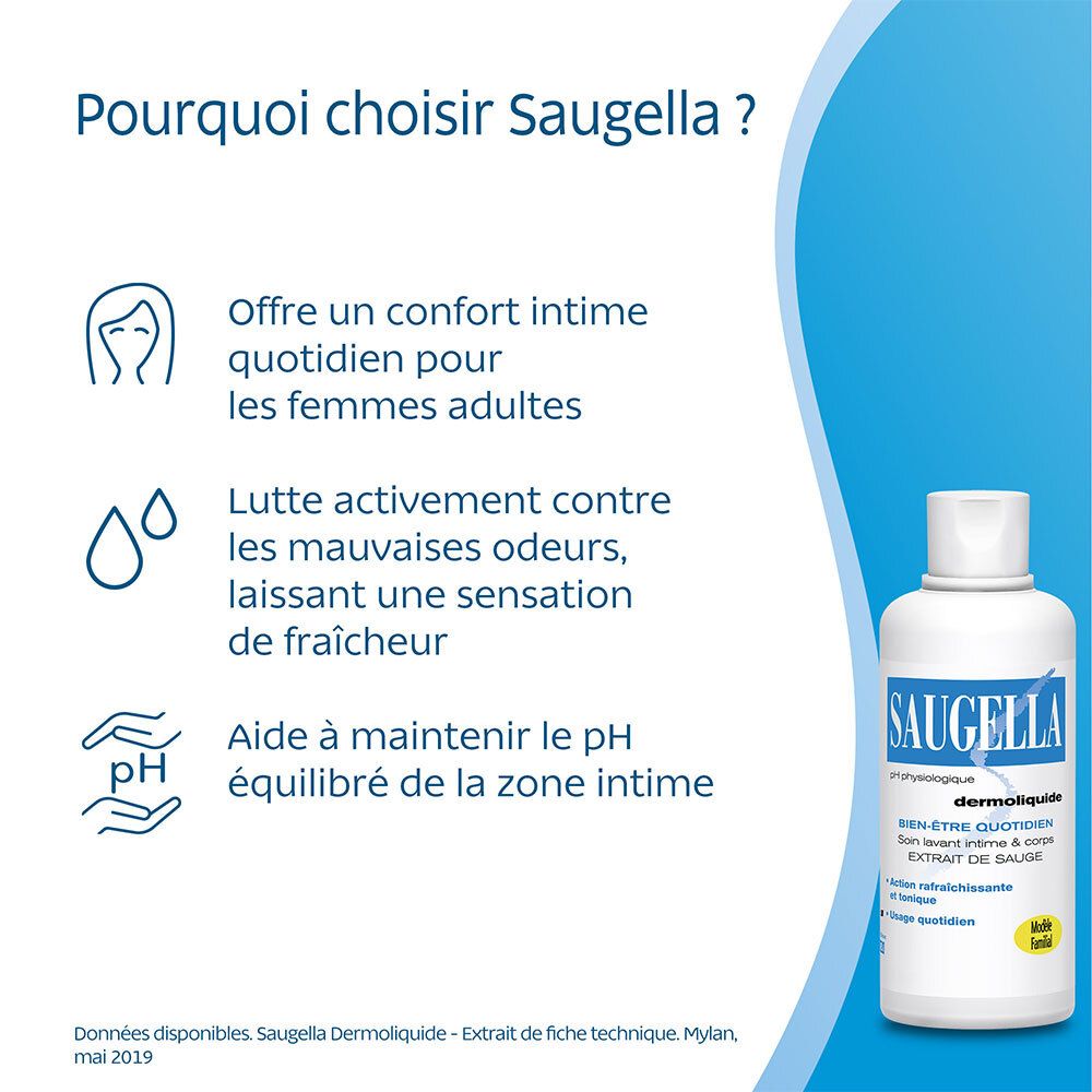 Saugella - Dermoliquide - Soin lavant pour l’hygiène intime quotidienne des femmes adultes - à base d’extrait de Sauge - Assure le bien-être intime quotidien - Flacon 750 ml