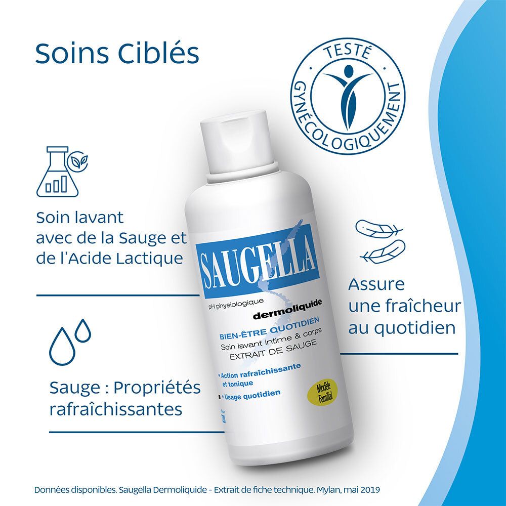 Saugella - Dermoliquide - Soin lavant pour l’hygiène intime quotidienne des femmes adultes - à base d’extrait de Sauge - Assure le bien-être intime quotidien - Flacon 750 ml