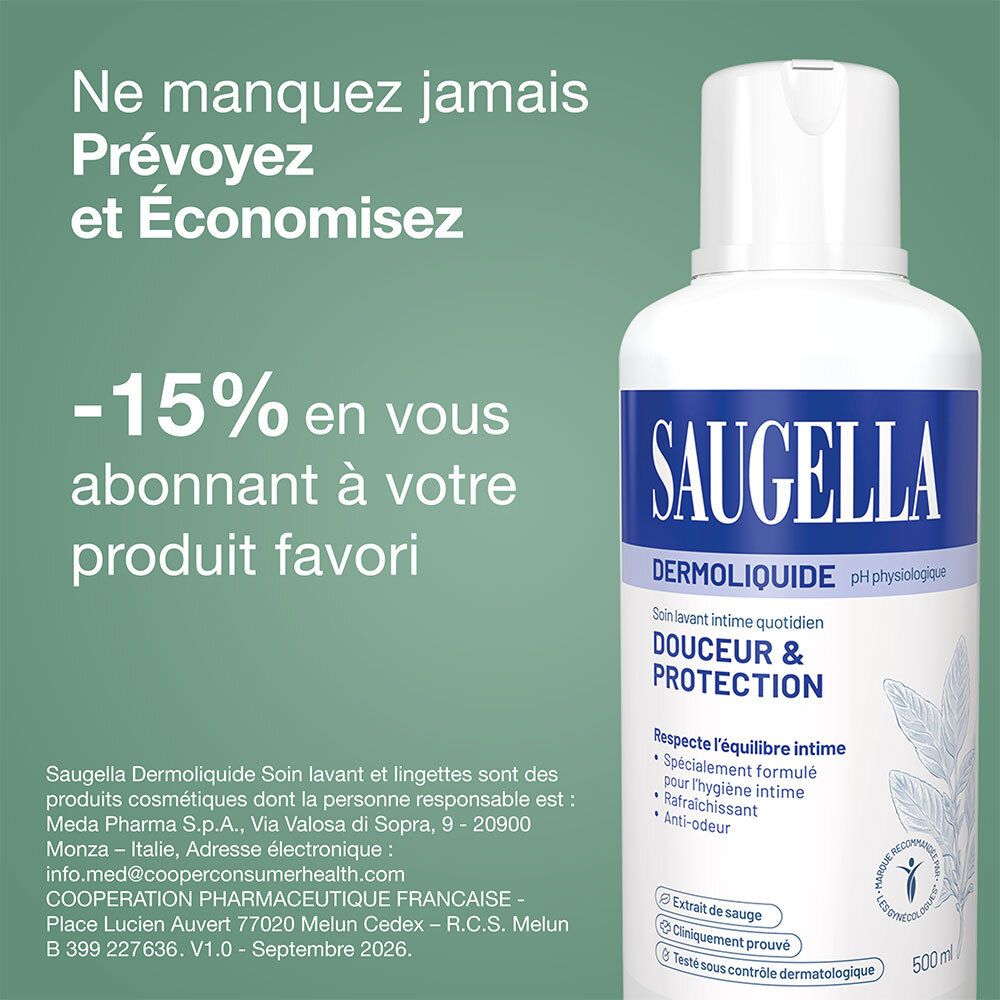 Sauguella Dermoliquide pH physiologique, flacon de 500ml avec pompe.