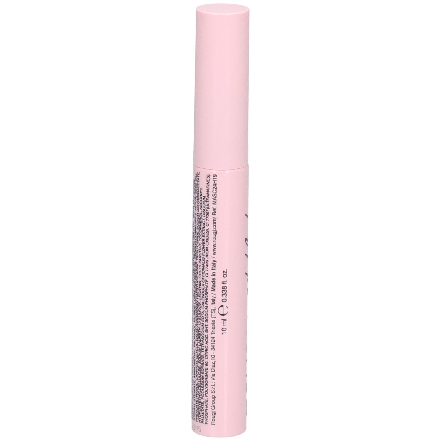 ROUGJ+ Mascara noir longue tenue 24h, dos avec ingrédients et détails, 10 ml.