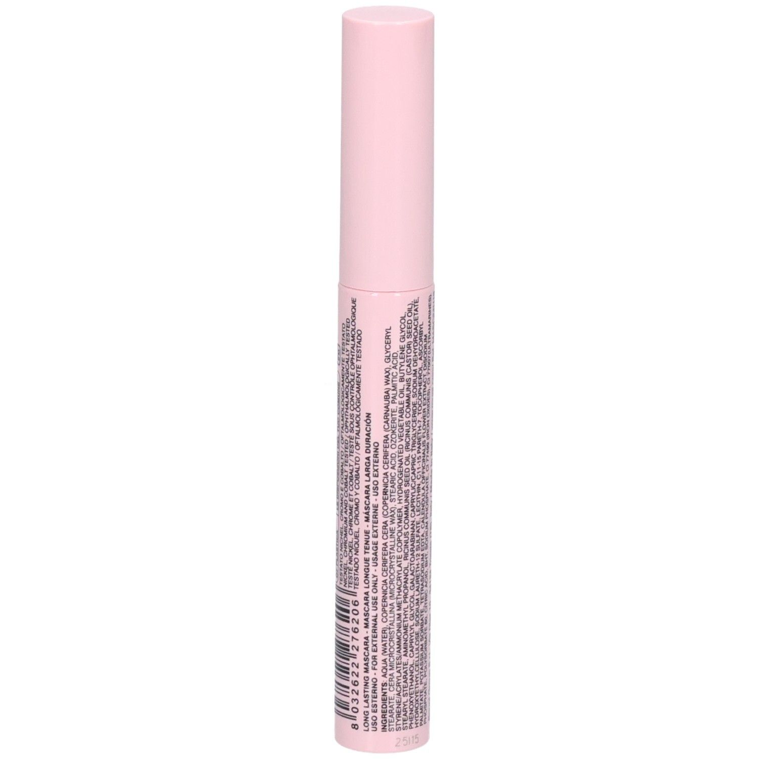 ROUGJ+ Mascara noir longue tenue 24h, dos avec code-barres et détails, 10 ml.