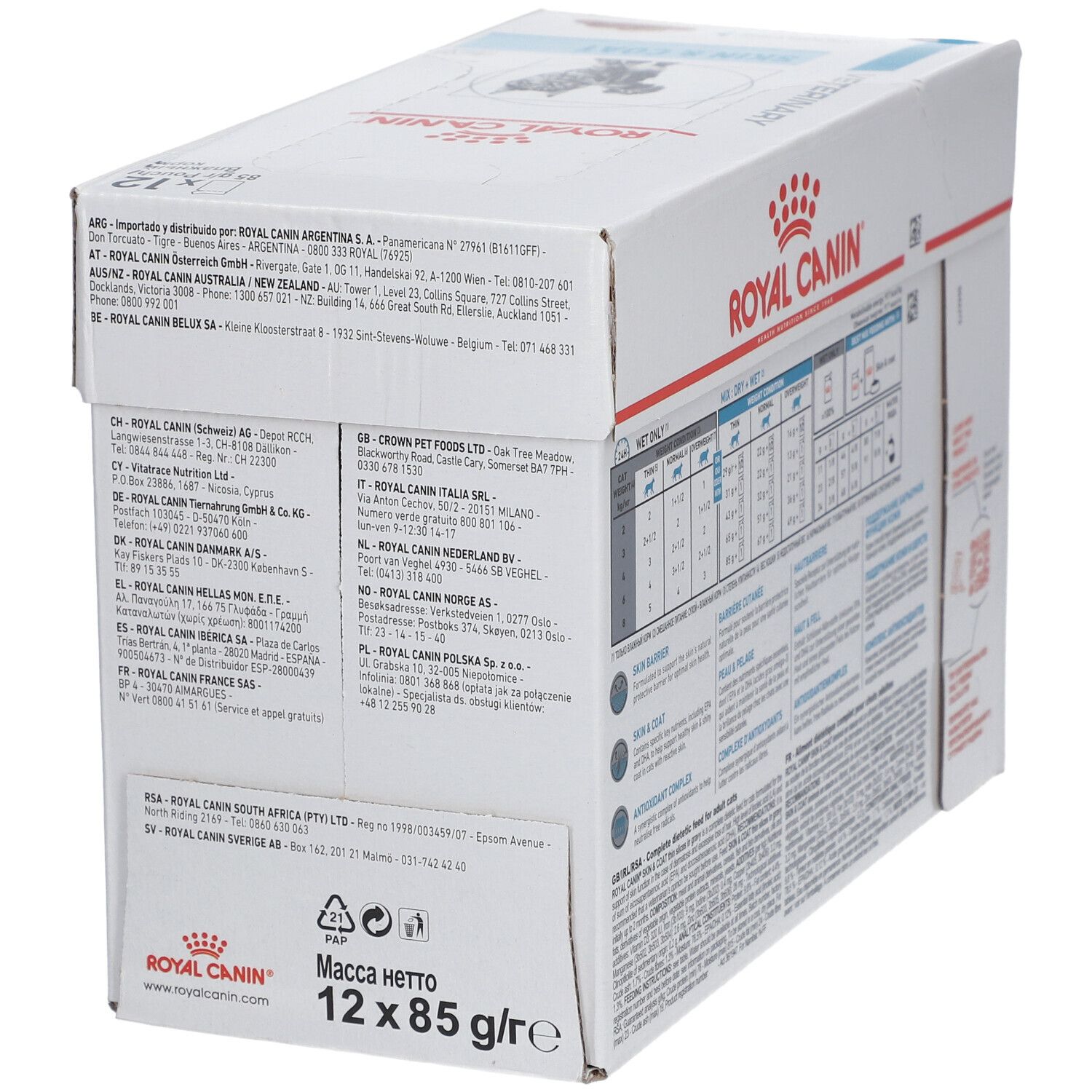 Côté de la boîte Royal Canin Veterinary Skin & Coat pour chats avec informations distributeur.