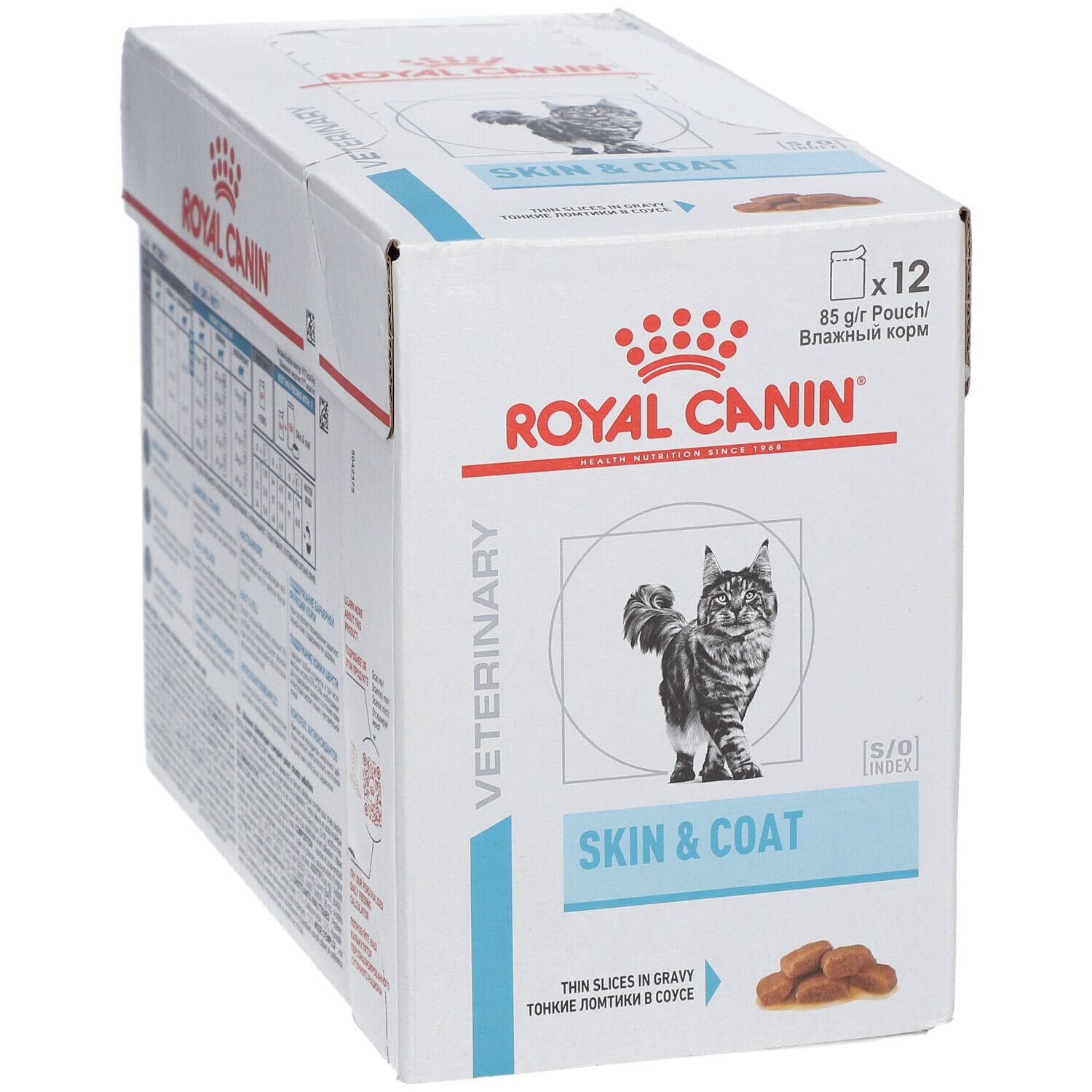 Boîte de nourriture Royal Canin Veterinary Skin & Coat pour chats, 12 sachets de 85g.