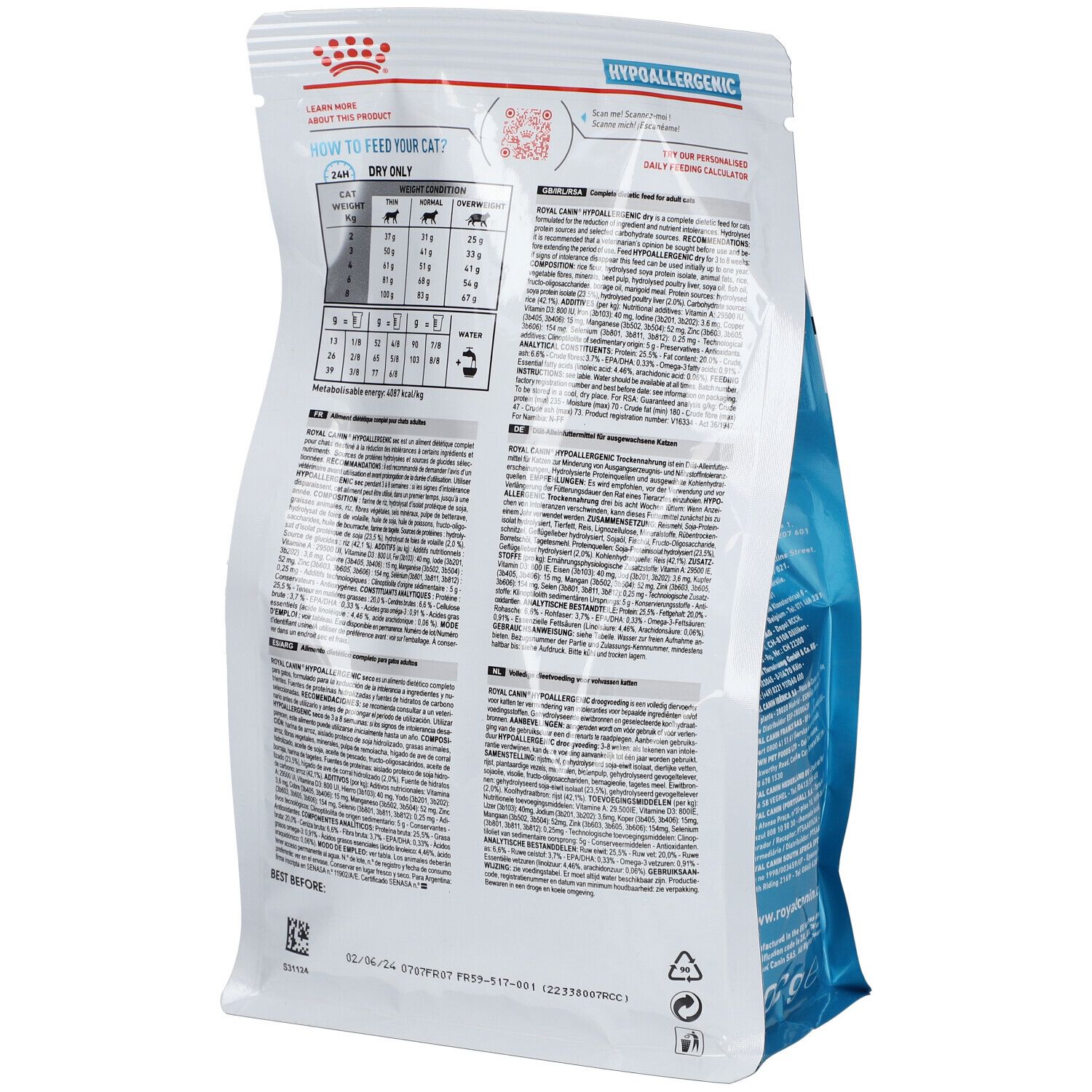 Dos du sachet blanc. Texte avec informations sur le produit. Couleurs bleu et blanc.