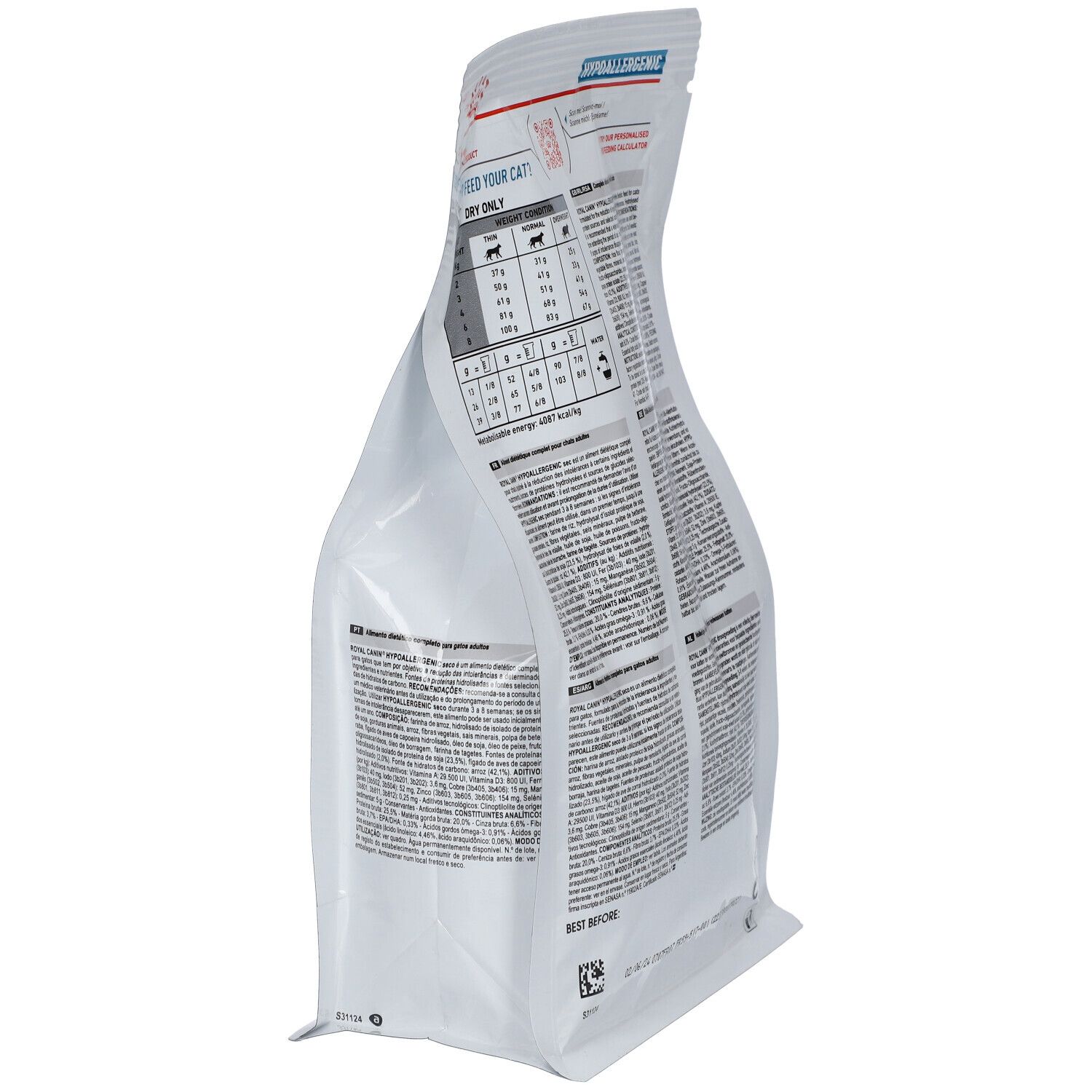 Dos du sachet blanc. Texte avec informations sur le produit. Couleurs bleu et blanc.
