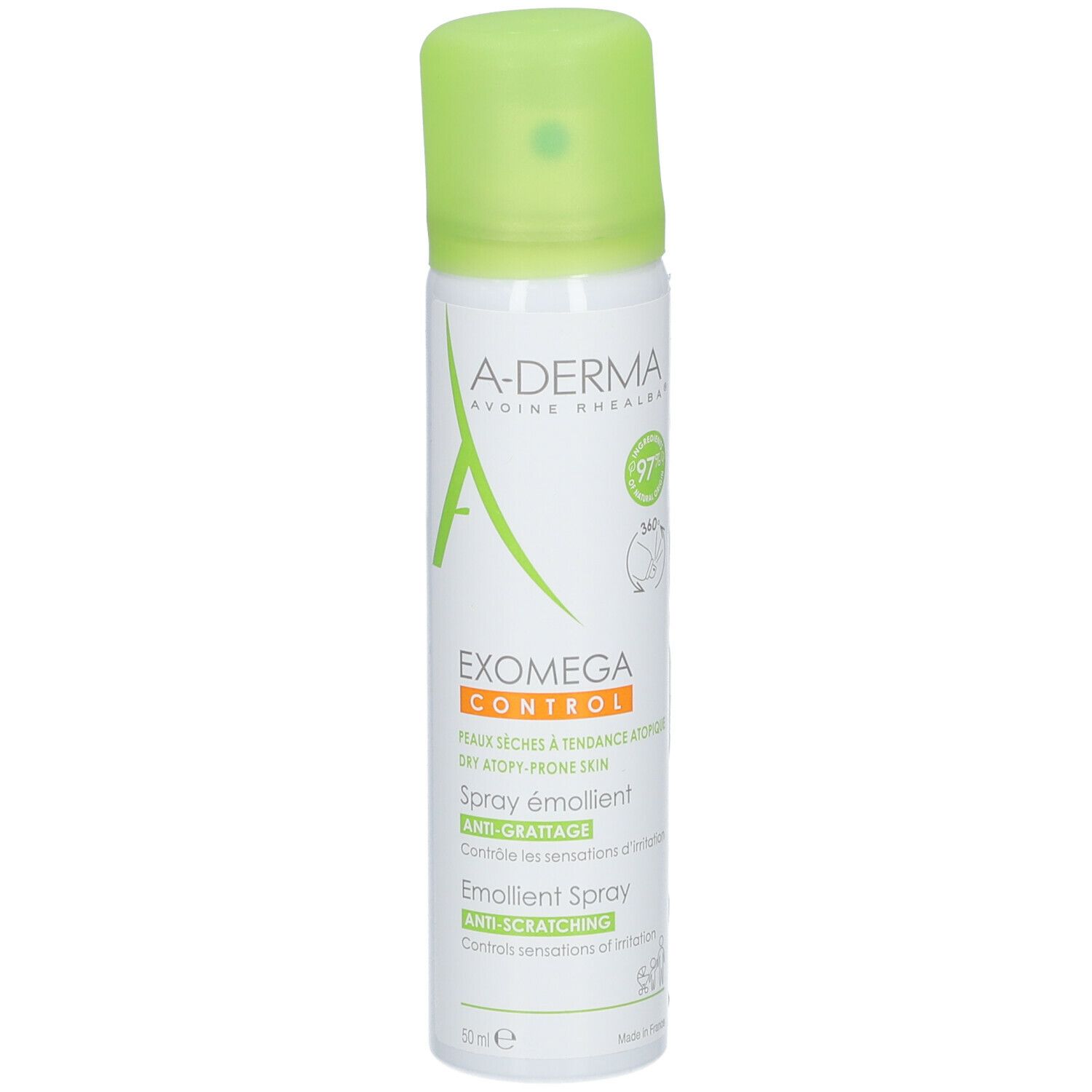 A-DERMA Exomega Control Spray. Flacon blanc, bouchon vert. Texte: EXOMEGA CONTROL, Spray émollient, Anti-grattage.