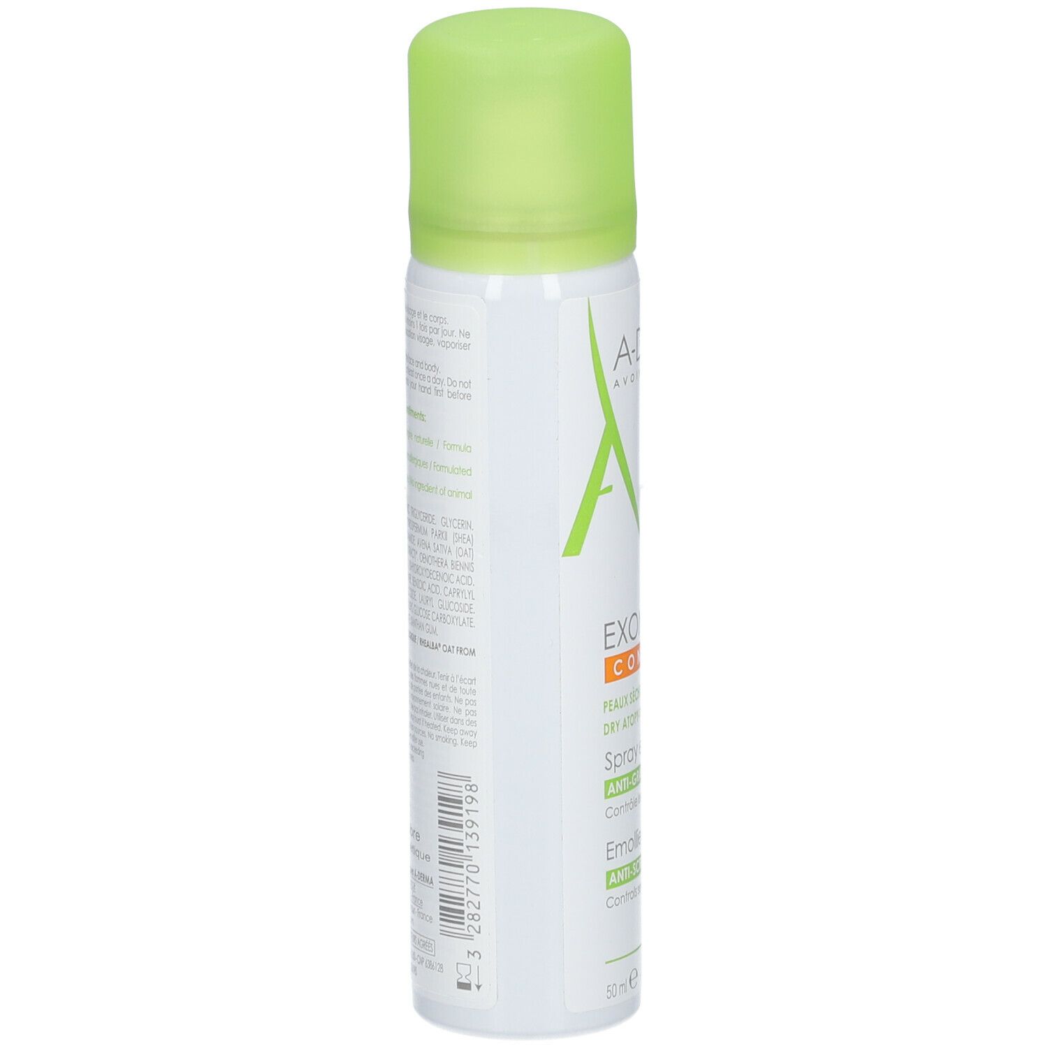 A-DERMA Exomega Control Spray. Dos du flacon. Texte et code-barres. Bouchon vert. Flacon blanc.