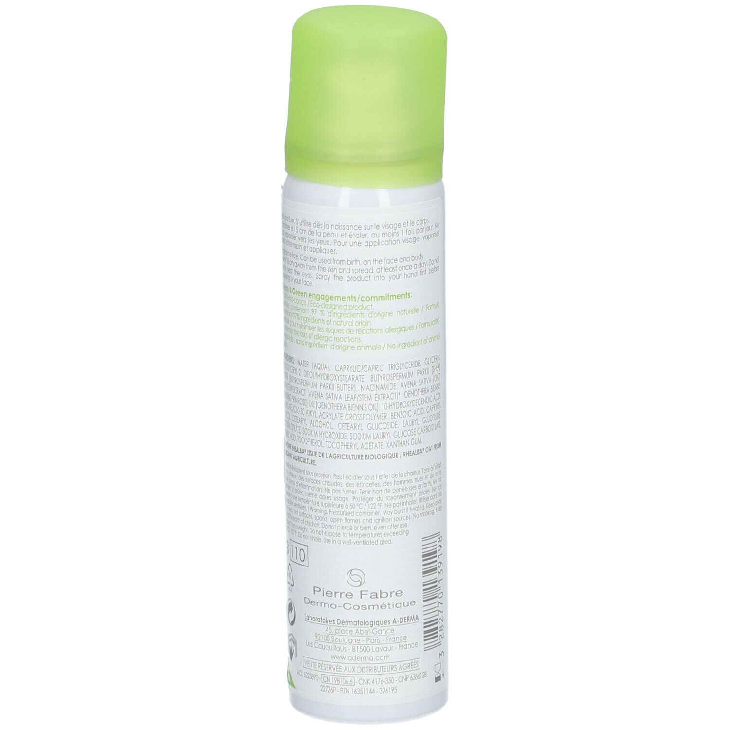 A-DERMA Exomega Control Spray. Dos du flacon. Texte. Bouchon vert. Flacon blanc.