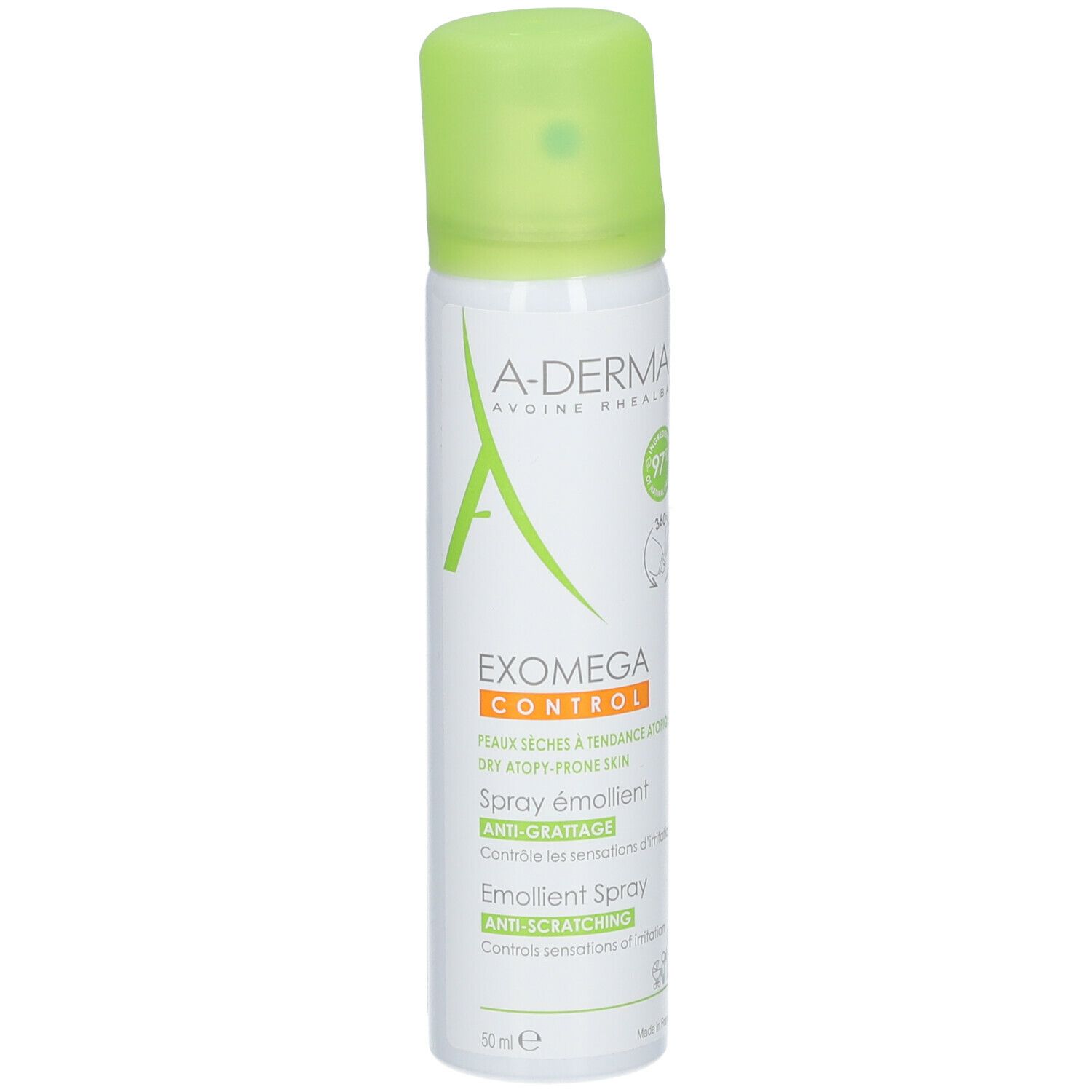 A-DERMA Exomega Control Spray. Flacon blanc, bouchon vert. Texte: EXOMEGA CONTROL, Spray émollient, Anti-grattage.