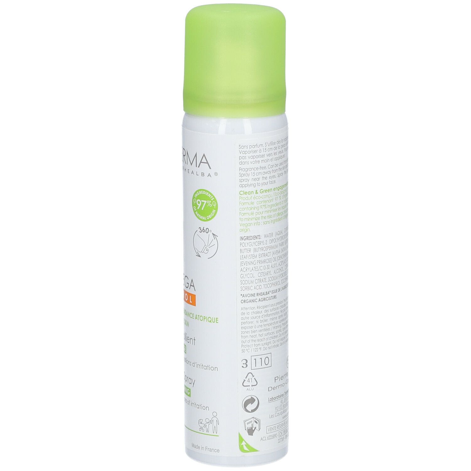 A-DERMA Exomega Control Spray. Dos du flacon. Texte et logos. Bouchon vert. Flacon blanc.