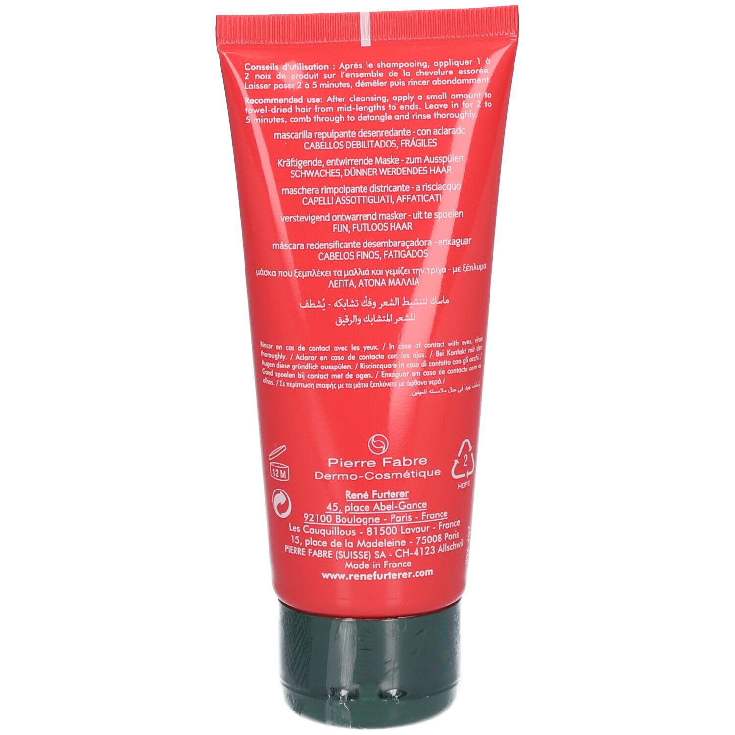 Tube rouge. Dos avec texte. Instructions et ingrédients.