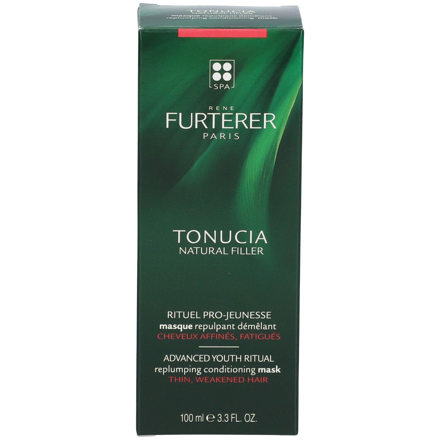 Boîte verte. René Furterer TONUCIA. Masque démêlant. Texte.