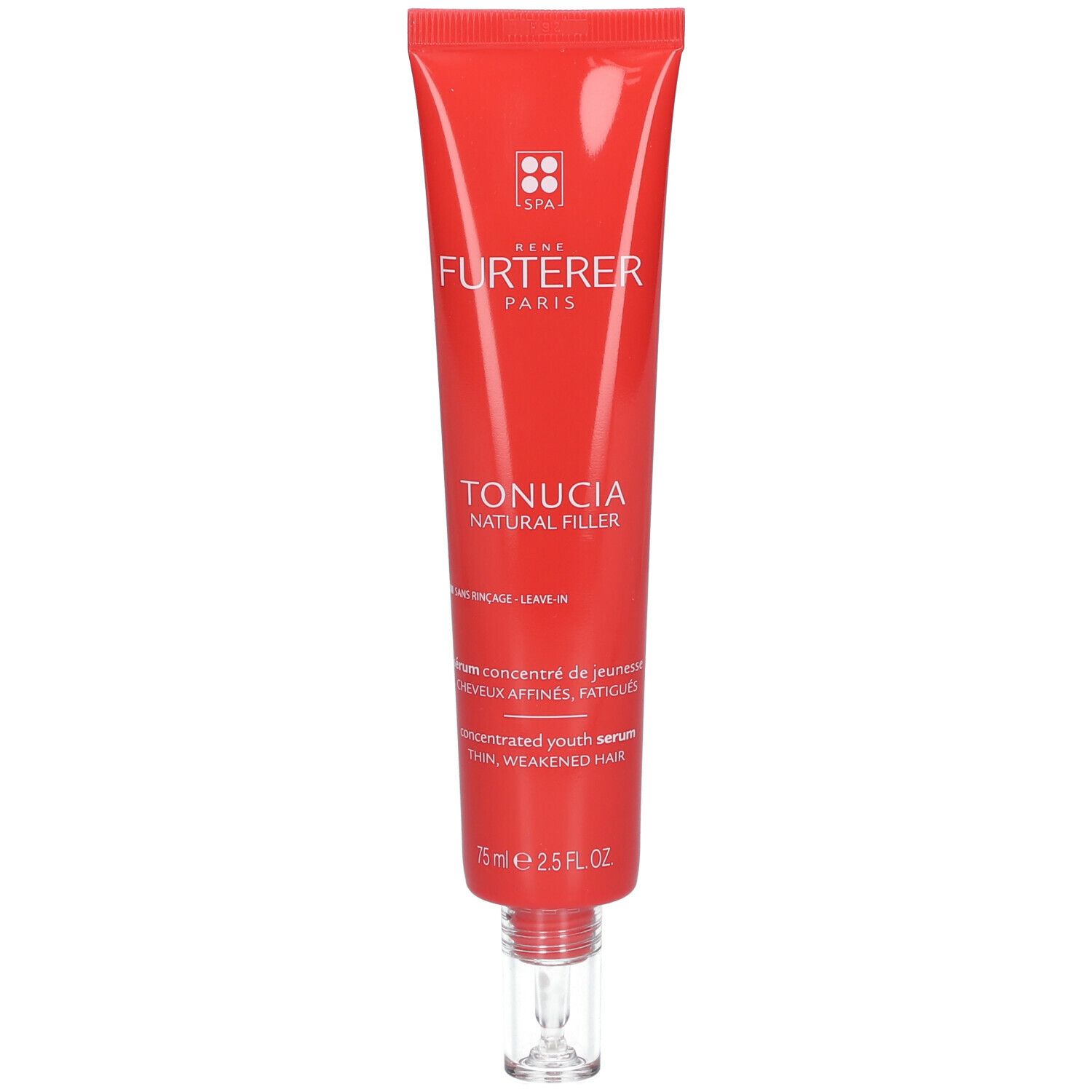 Tube rouge avec produit. Inscription : RENE FURTERER TONUCIA NATURAL FILLER. 75 ml. Avec applicateur.