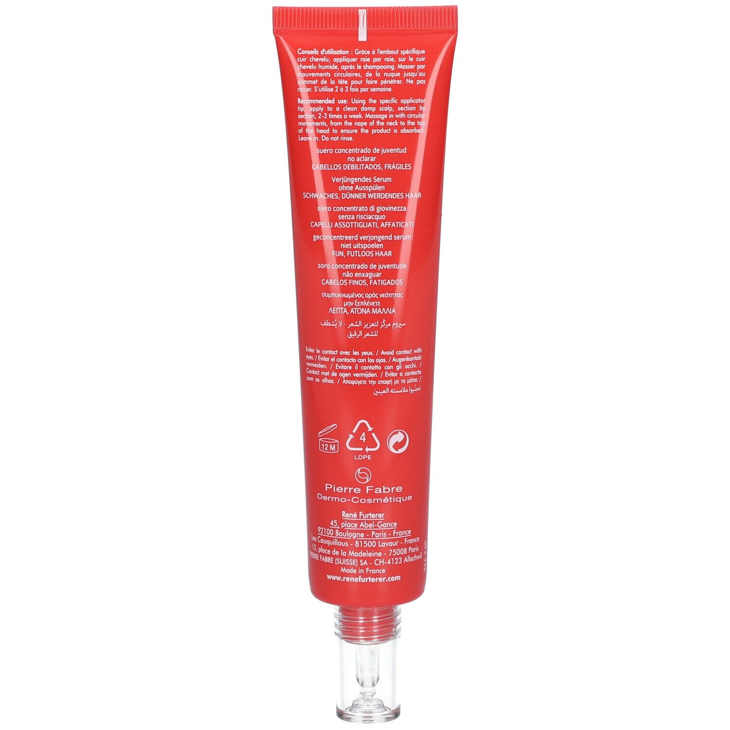 Dos du tube rouge. Texte multilingue. Avec applicateur.