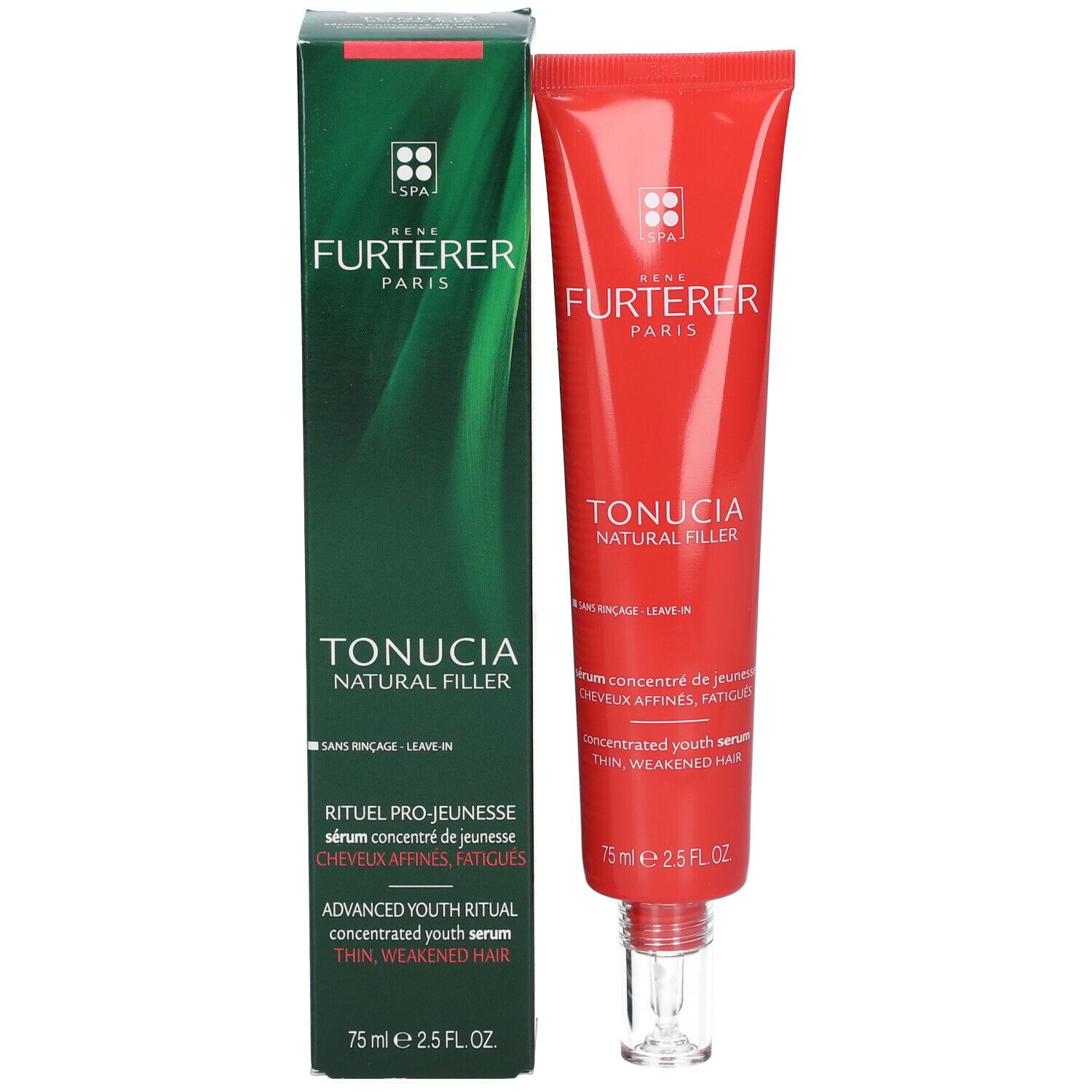 Produit et emballage. Tube rouge et emballage vert. Inscription : RENE FURTERER TONUCIA NATURAL FILLER.