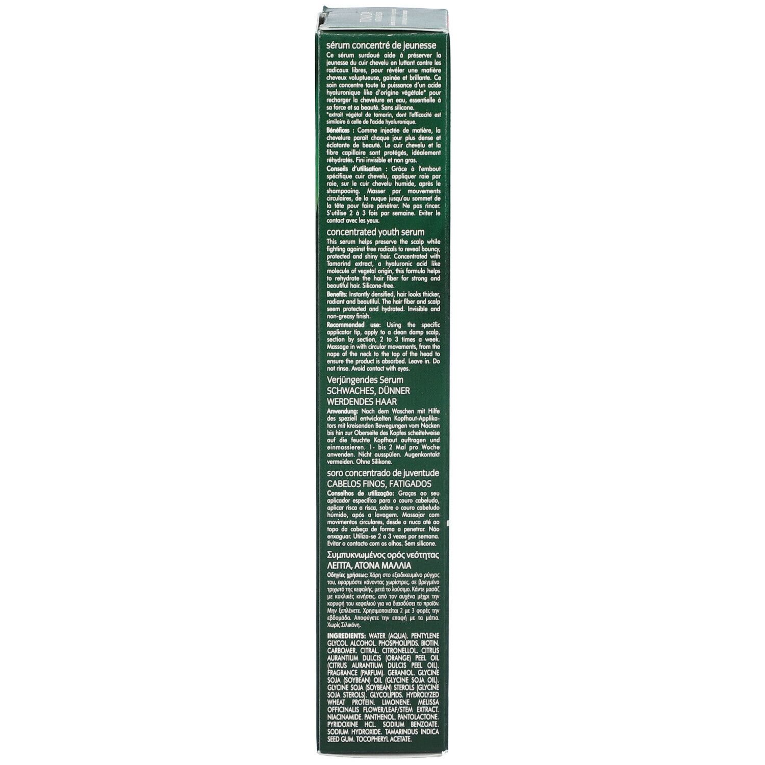 Dos de l'emballage vert. Texte multilingue. Informations sur le produit.