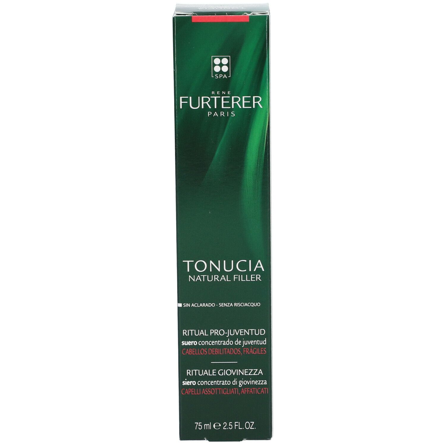 Emballage vert. Inscription : RENE FURTERER TONUCIA NATURAL FILLER. Texte multilingue.