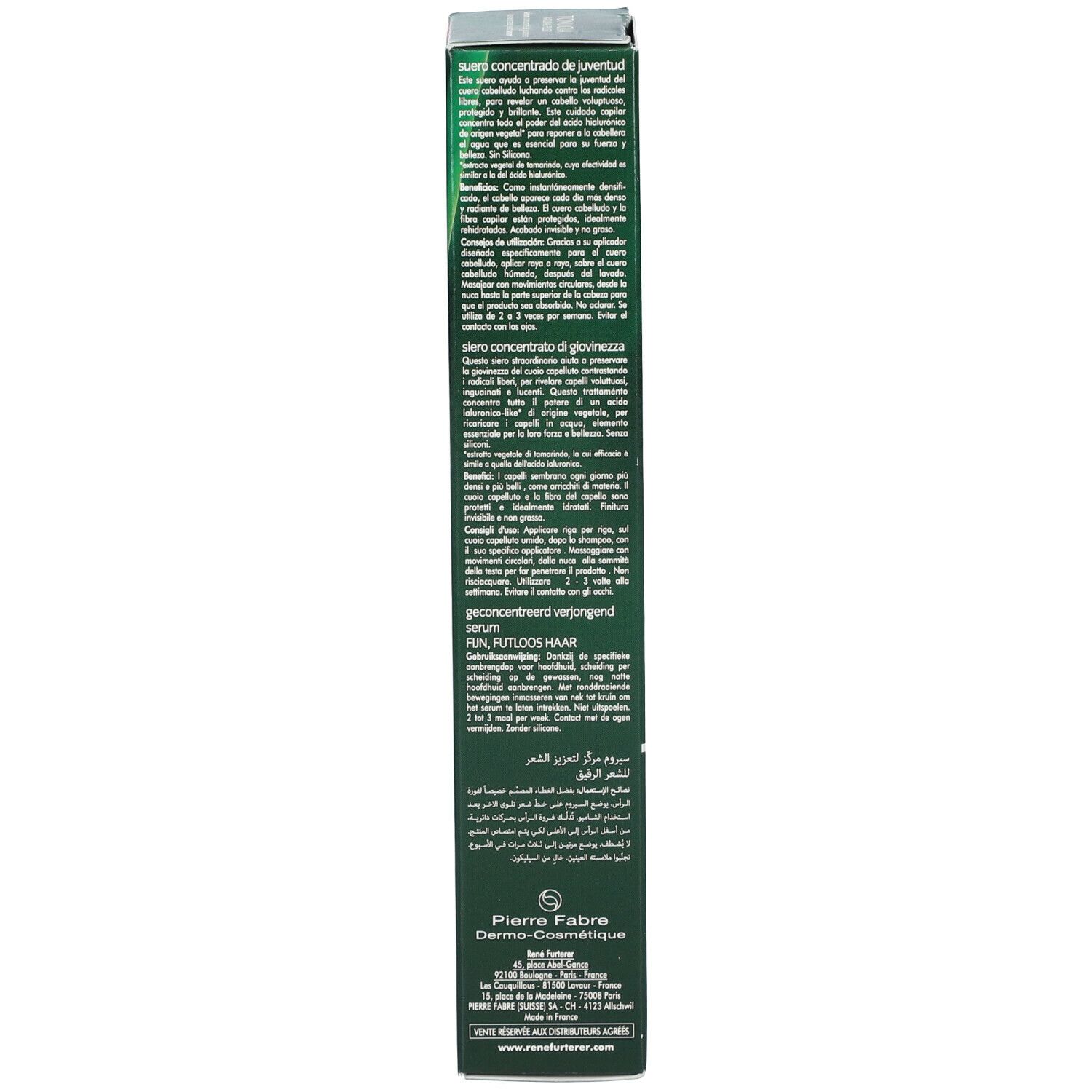 Dos de l'emballage vert. Texte multilingue. Informations sur le produit.