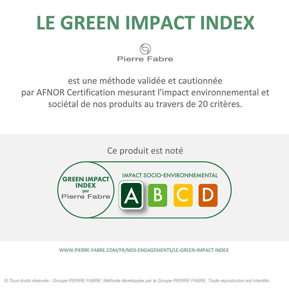 Infographie intitulée « LE GREEN IMPACT INDEX ». Affiche une échelle d'évaluation de A à D.