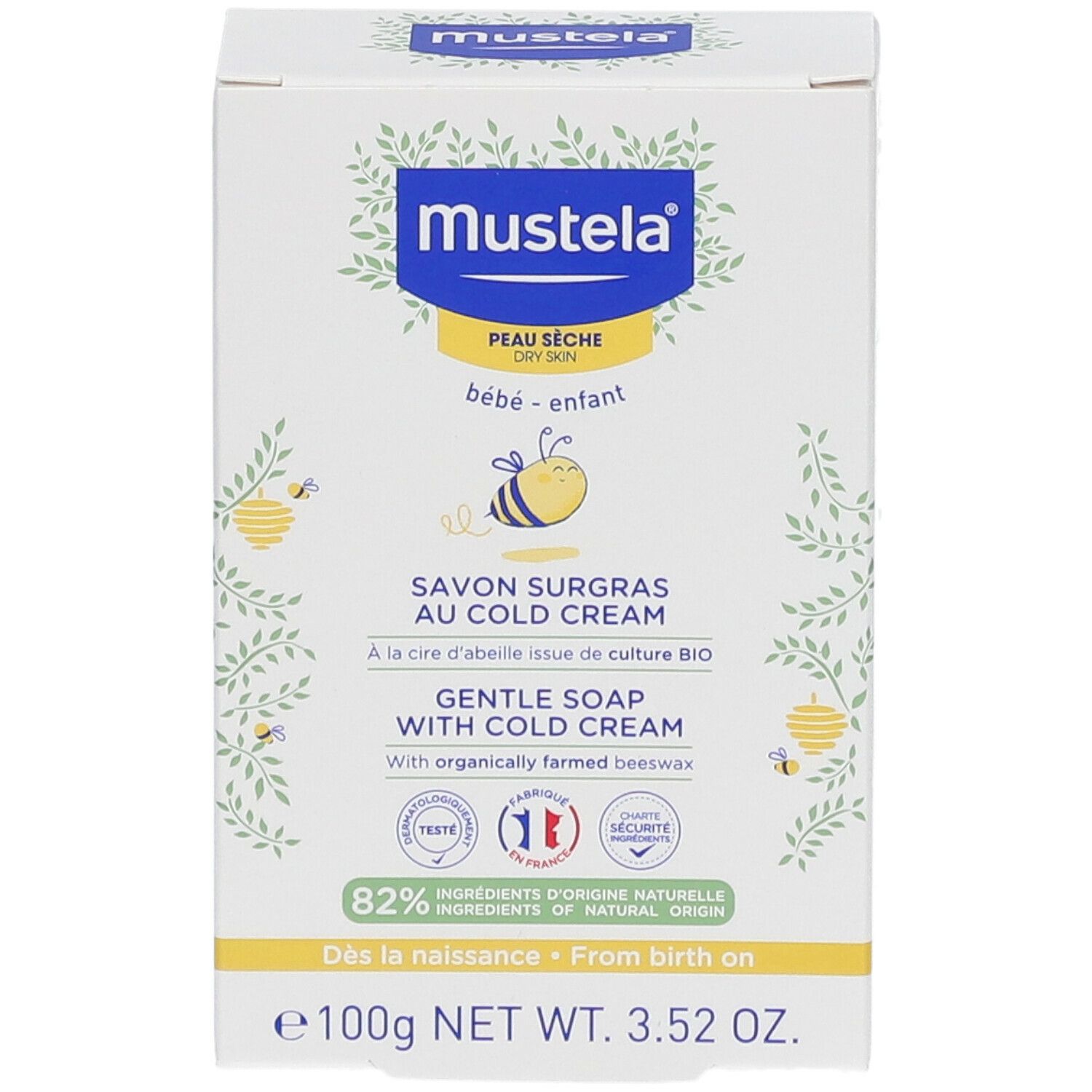 mustela Bébé Enfant Savon surgras au Cold Cream à la cire d'abeille BIO Peau Sèche