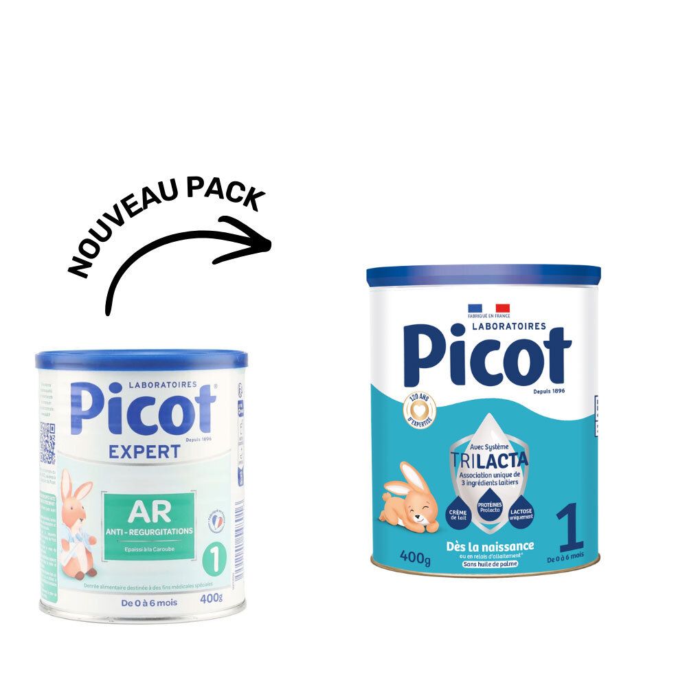 Deux boîtes Picot. Une AR, une Trilacta. Flèche avec 'NOUVEAU PACK'.