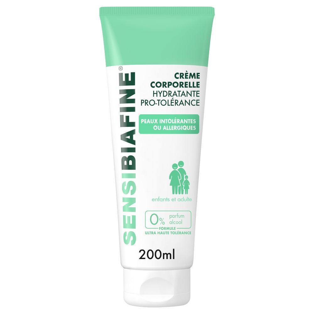 Tube de crème Sensibiafine® PRO-TOLERANCE. Vert et blanc. Crème corporelle hydratante. Pour peaux sensibles. 200ml.