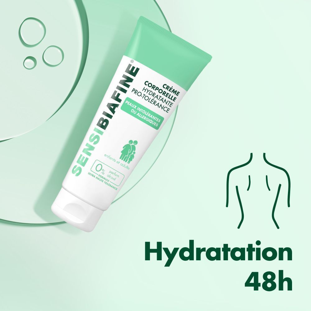 Tube de crème Sensibiafine® PRO-TOLERANCE. Texte: Hydratation 48h. Pour peaux sensibles. Vert et blanc. Fond avec cercles.