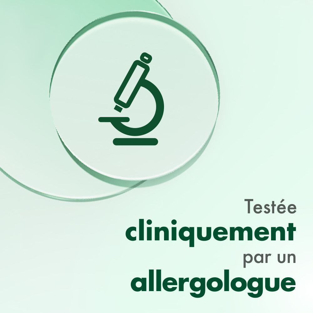 Symbole de microscope. Texte: Testée cliniquement par un allergologue.
