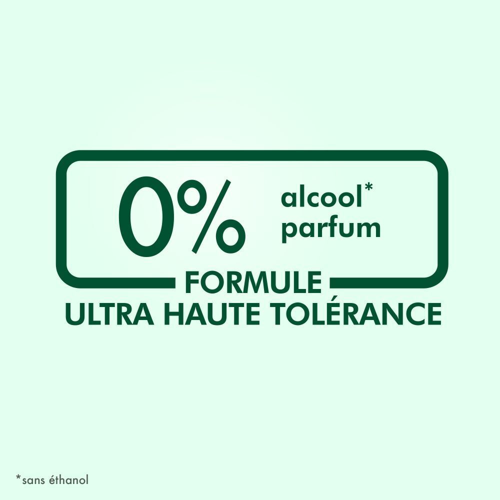 Texte: 0% alcool parfum. Formule ultra haute tolérance. Fond vert et blanc.