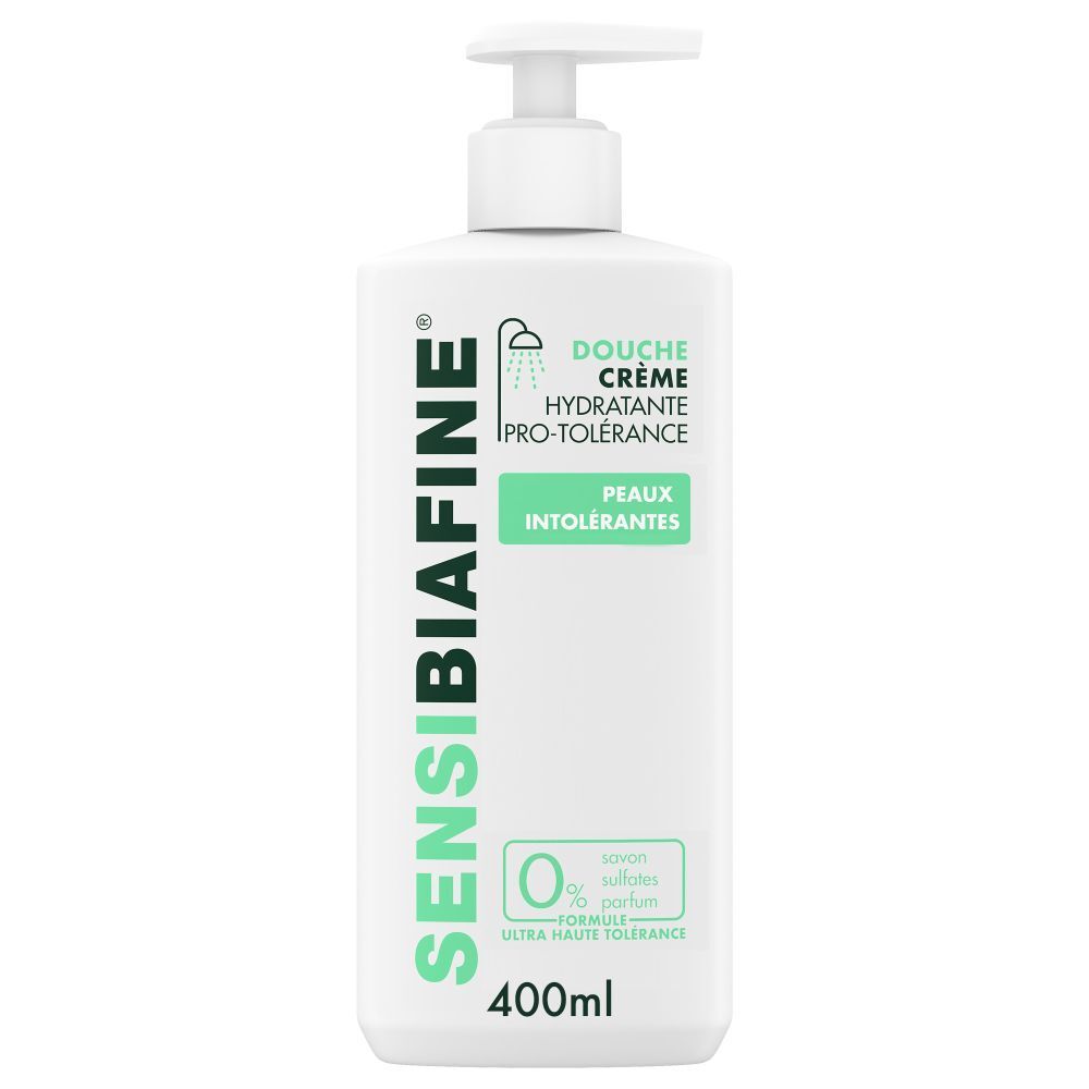 Flacon blanc avec pompe. Inscription: SENSIBIAFINE, Douche Crème, Hydratante, PRO-TOLERANCE, Peaux Intolérantes. 400ml. 0% savon, sulfates, parfum.