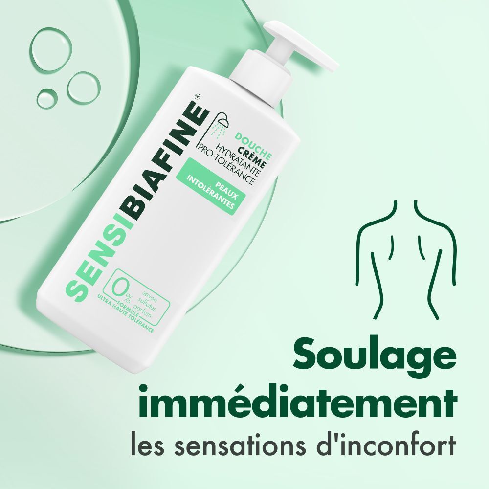Flacon avec pompe. Texte: Soulage immédiatement les sensations d'inconfort. Silhouette du dos. Fond vert et effet eau.