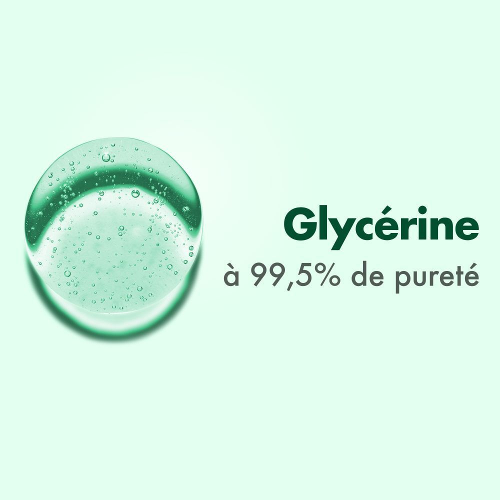 Goutte verte. Texte: Glycérine à 99,5% de pureté. Fond: vert clair.