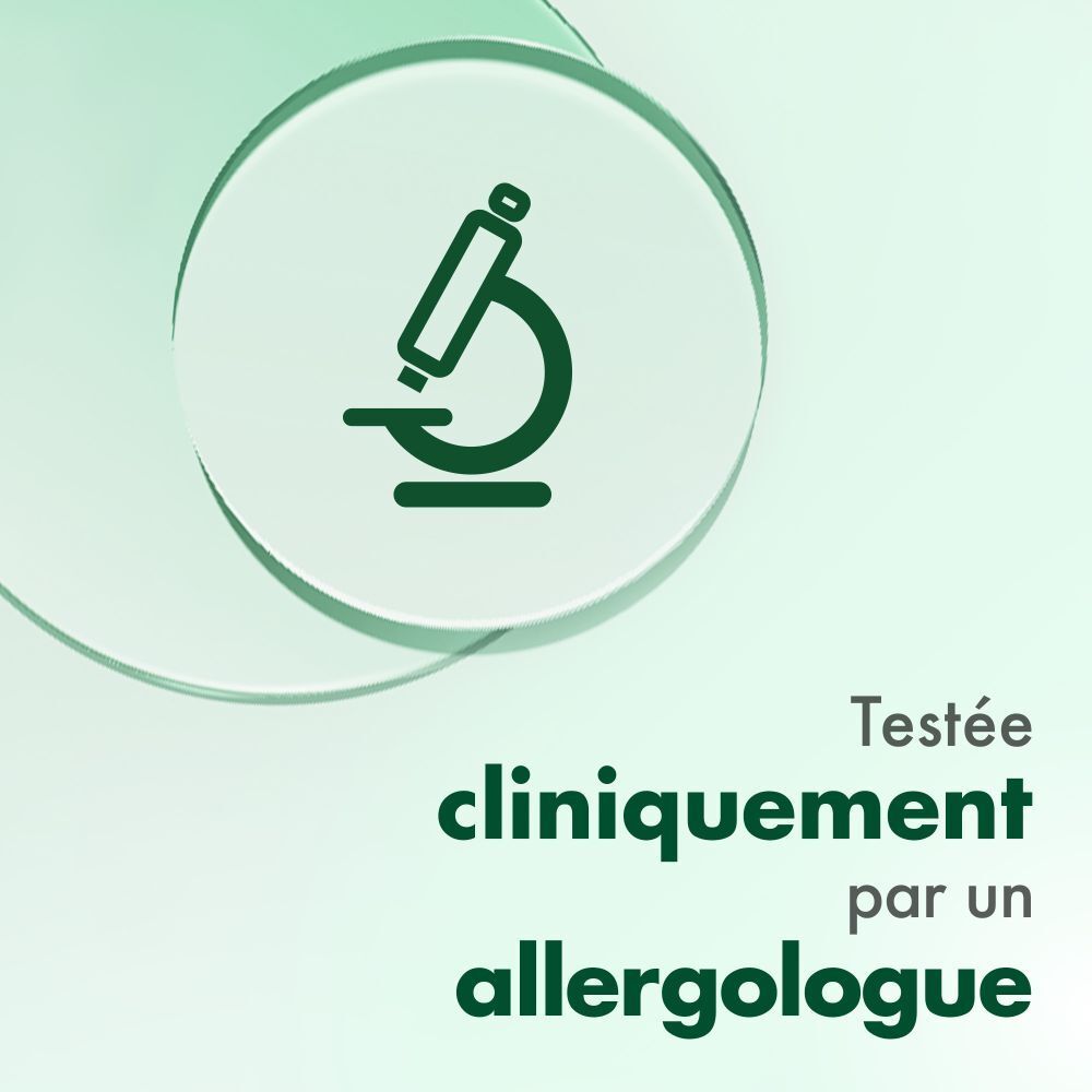 Symbole de microscope. Texte: Testée cliniquement par un allergologue. Fond: vert clair.