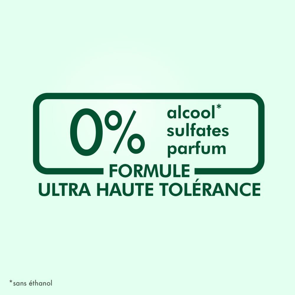 Texte: 0% alcool, sulfates, parfum. Formule Ultra Haute Tolérance. Fond: vert clair.