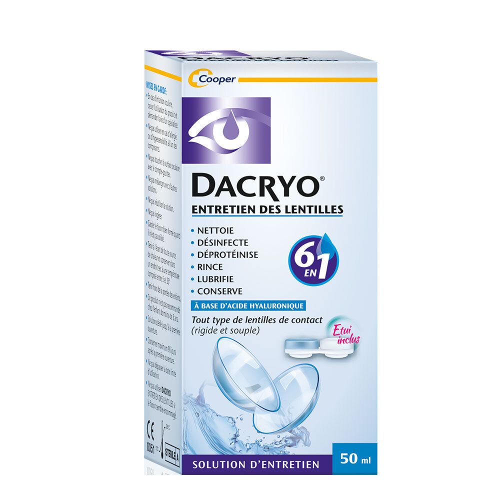 Boîte de solution d'entretien pour lentilles DACRYO®. Contient une solution 6 en 1, un étui et 50 ml. Logo et nom du produit visibles.
