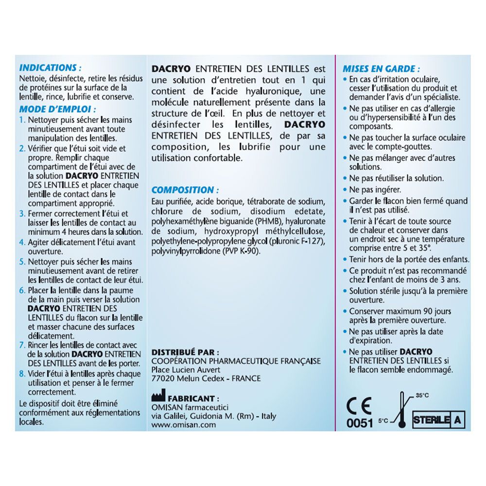 Dos de la boîte DACRYO®. Contient des informations sur l'utilisation, les ingrédients et les précautions. Texte en français.